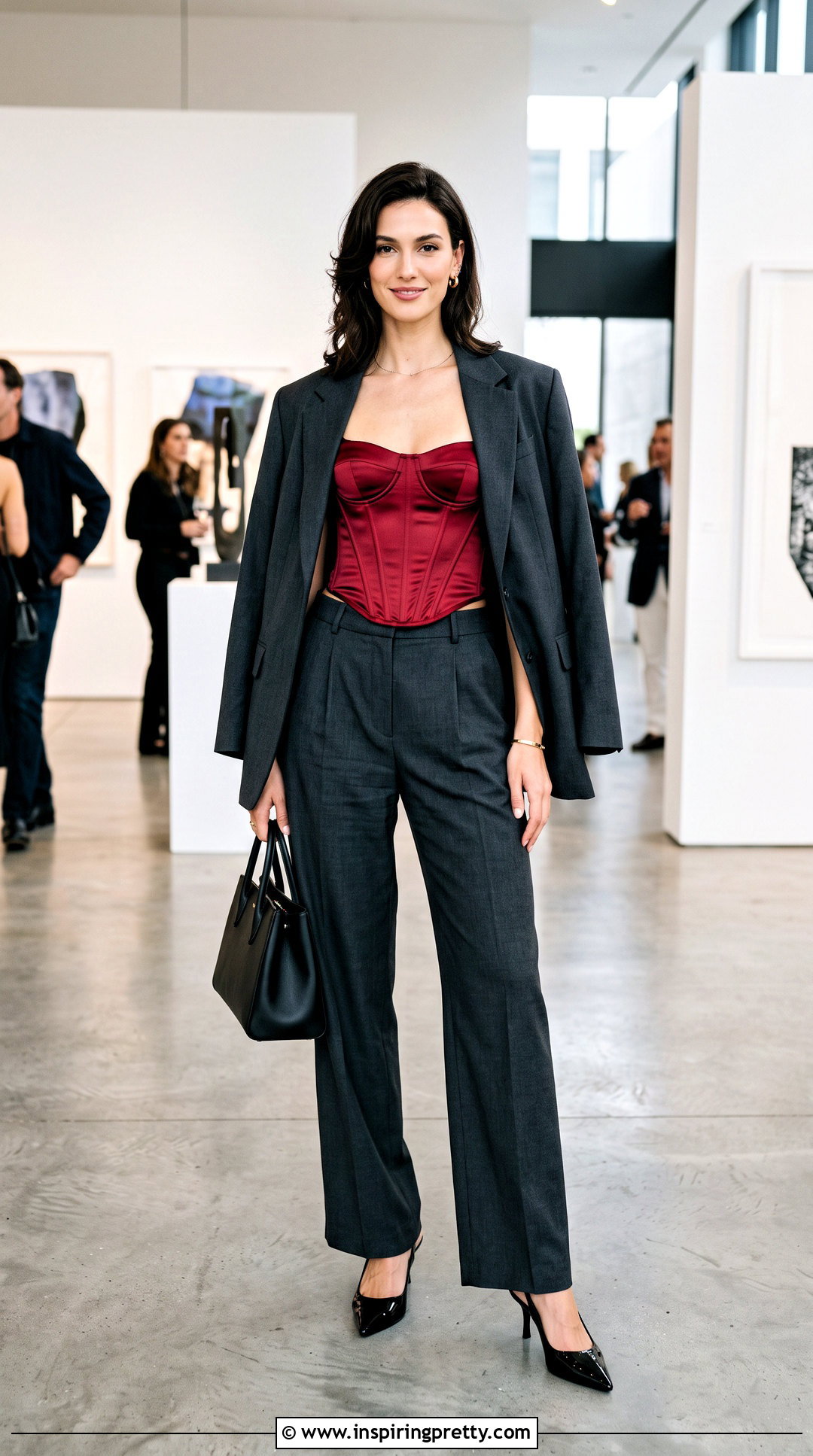 Red Corset Top With An Oversized Blazer And Trousers - What To Wear With A Red Corset Top (25 Ways)