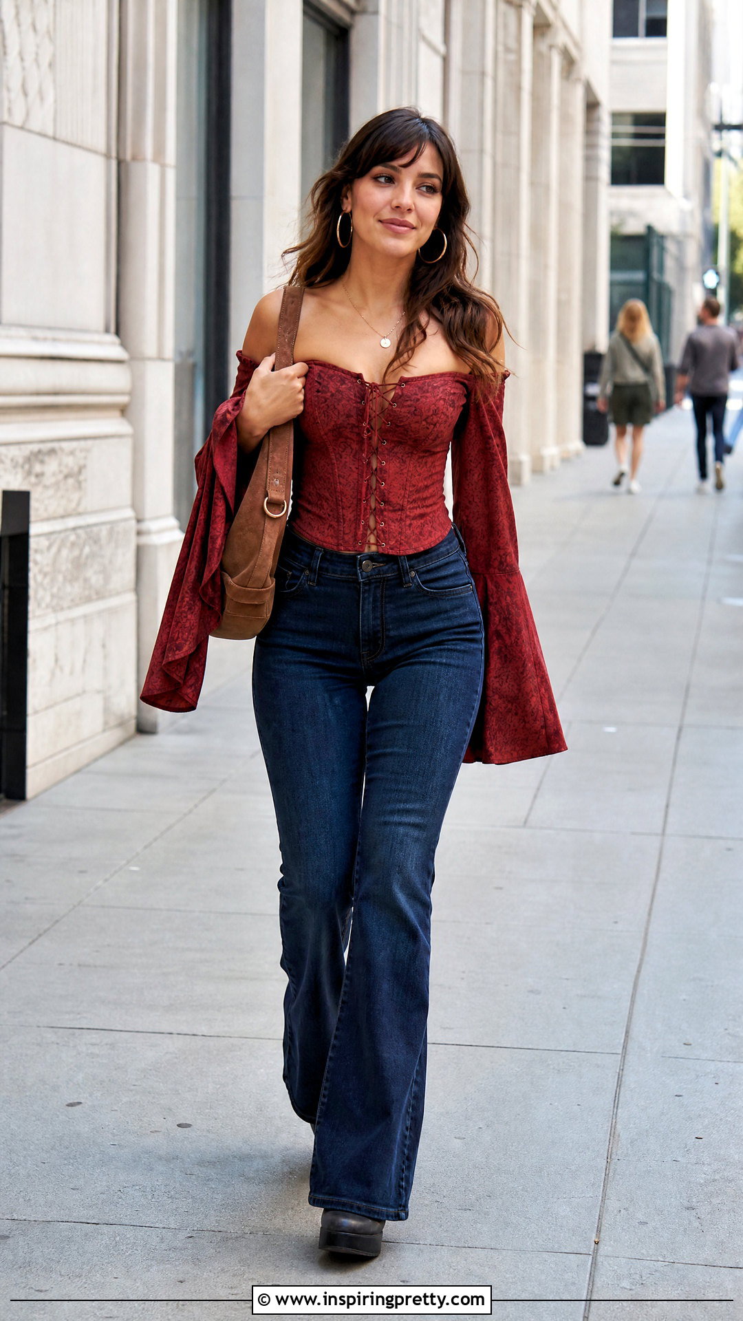 Red Corset Top With Bell Sleeves And Flared Jeans - 25 Red Corset Top With Sleeves