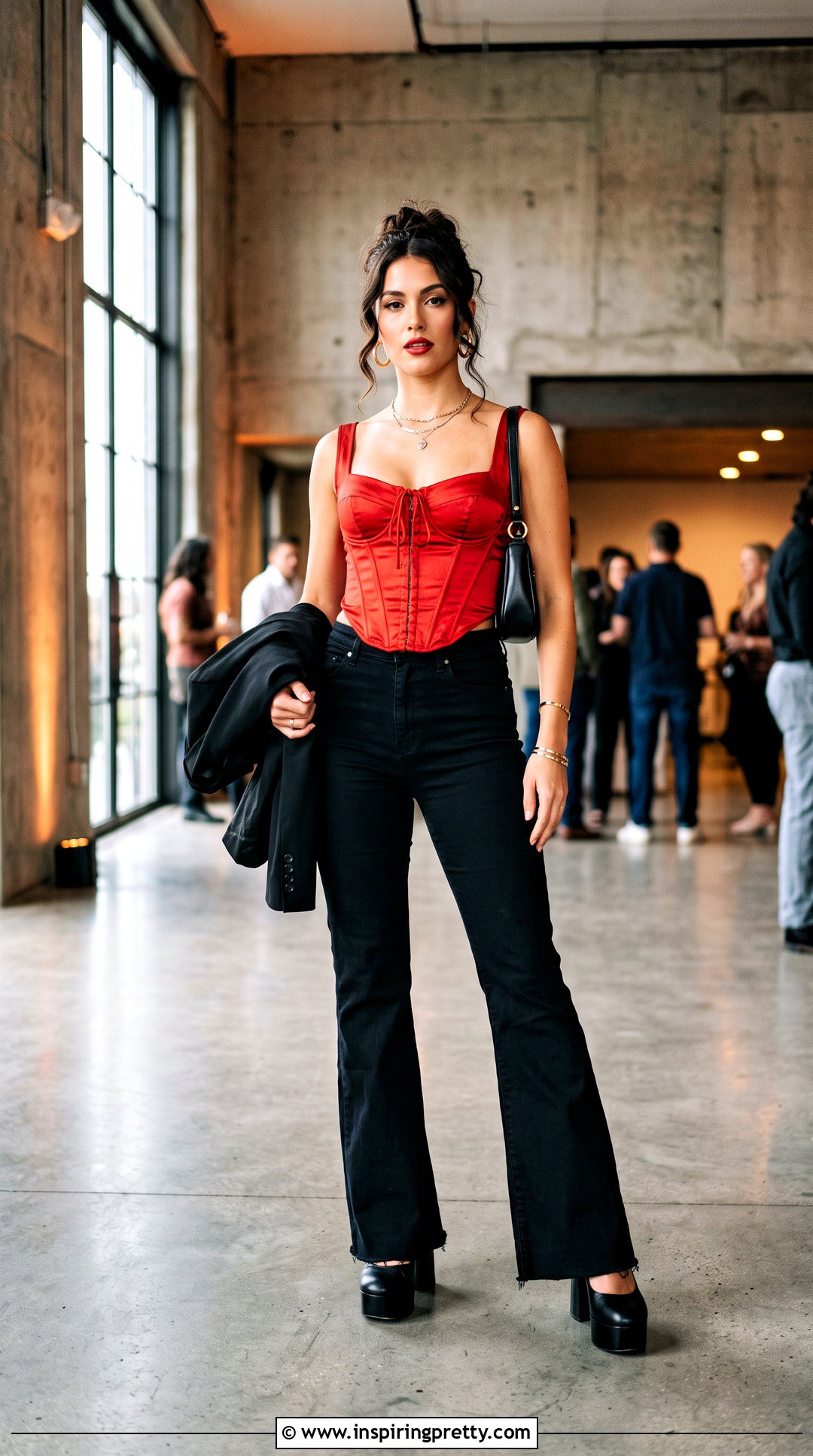 Red Corset Top With Black Bell Bottom Jeans - 25 corset top with bell bottom jeans