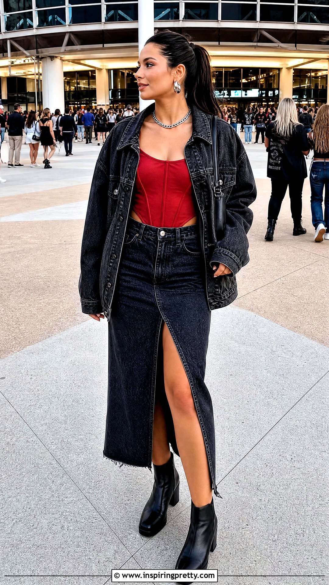 Red Corset Top With Black Denim Skirt - 50 red corset top outfit ideas