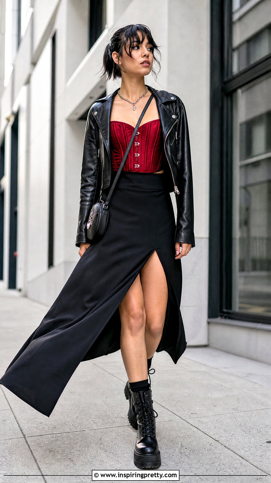 Red Corset Top With Black Maxi Skirt And Combat Boots - What To Wear With A Red Corset Top (25 Ways)