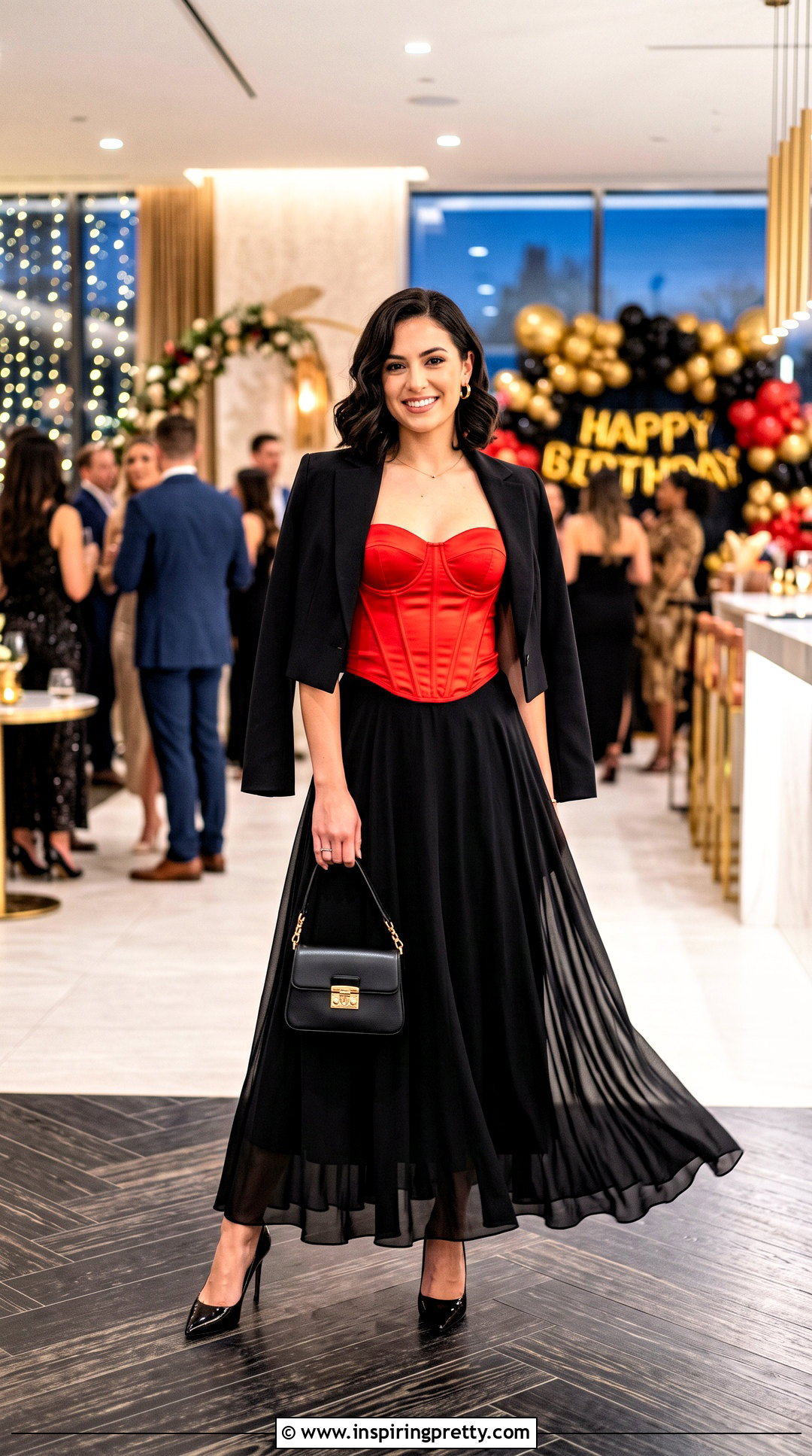 Red Corset Top With Black Maxi Skirt - 50 going out tops outfit ideas