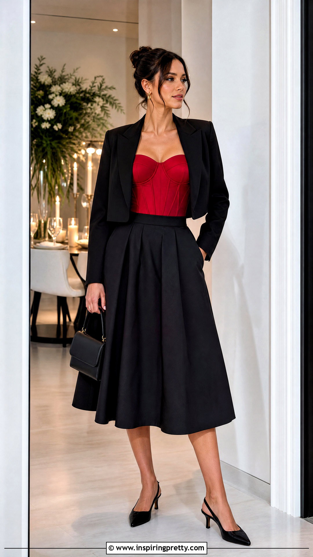 Red Corset Top With Black Midi Skirt - 20 corset top fashion ideas
