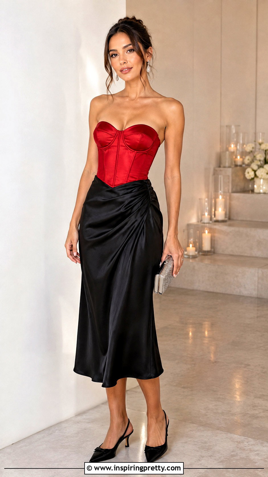 Red Corset Top With Black Satin Midi Skirt - 25 Red Corset Top Shein outfit ideas