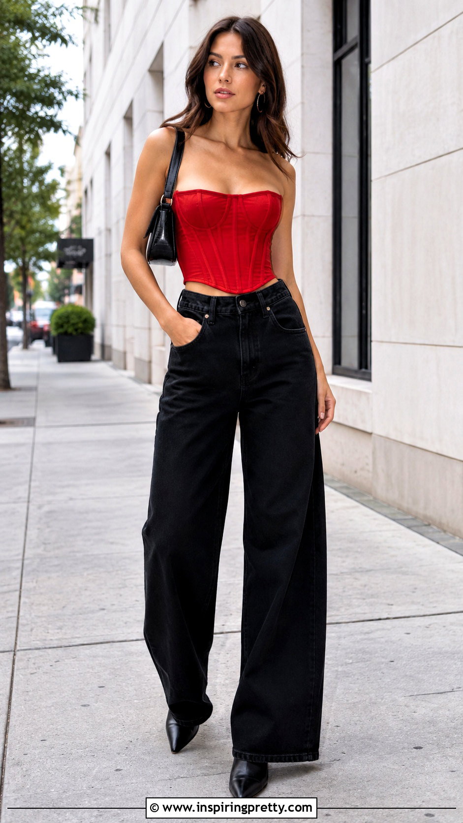 Red Corset Top With Black Wide Leg Jeans - 25 Red Corset Top Shein outfit ideas