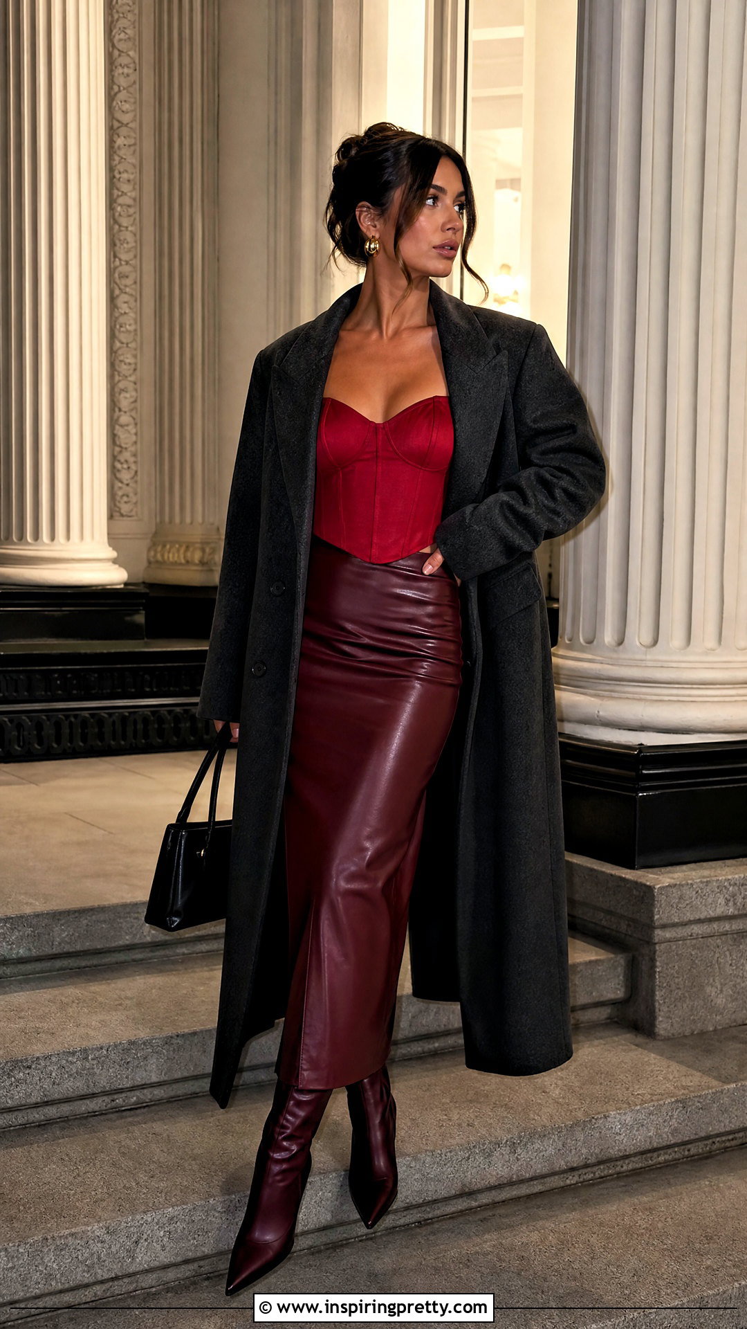 Red Corset Top With Burgundy Leather Skirt - 50 red corset top outfit ideas