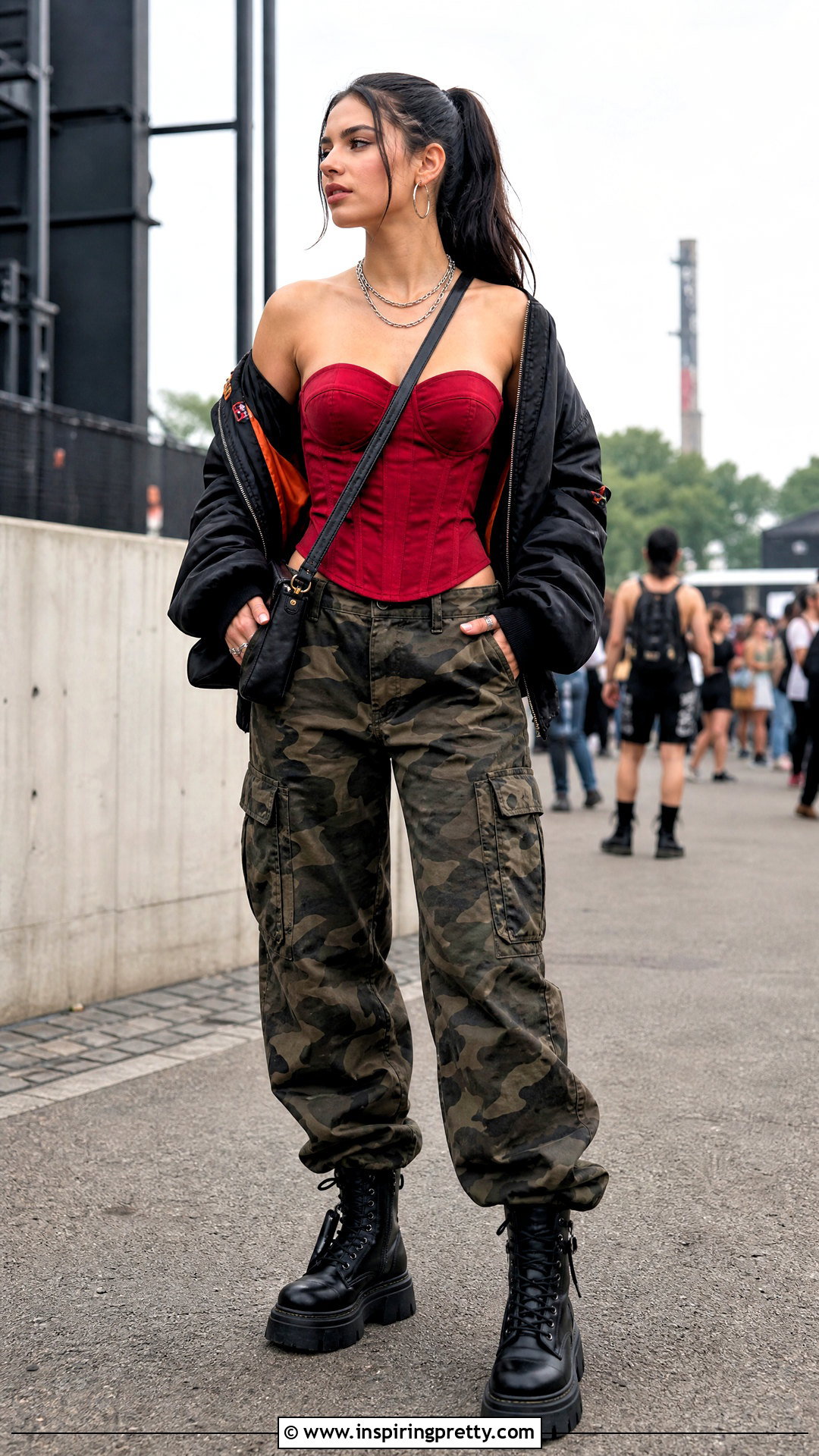 Red Corset Top With Camo Cargo Pants - 50 red corset top outfit ideas