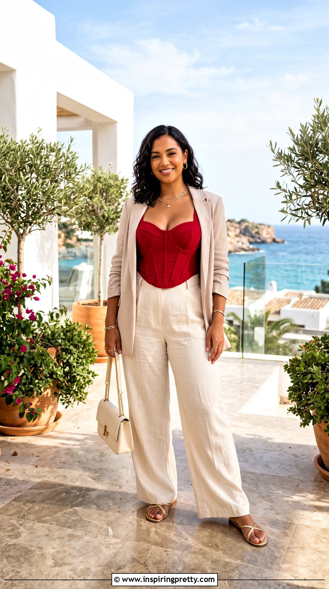 Red Corset Top With Cream Pants And Gold Sandals - What To Wear With A Red Corset Top (25 Ways)