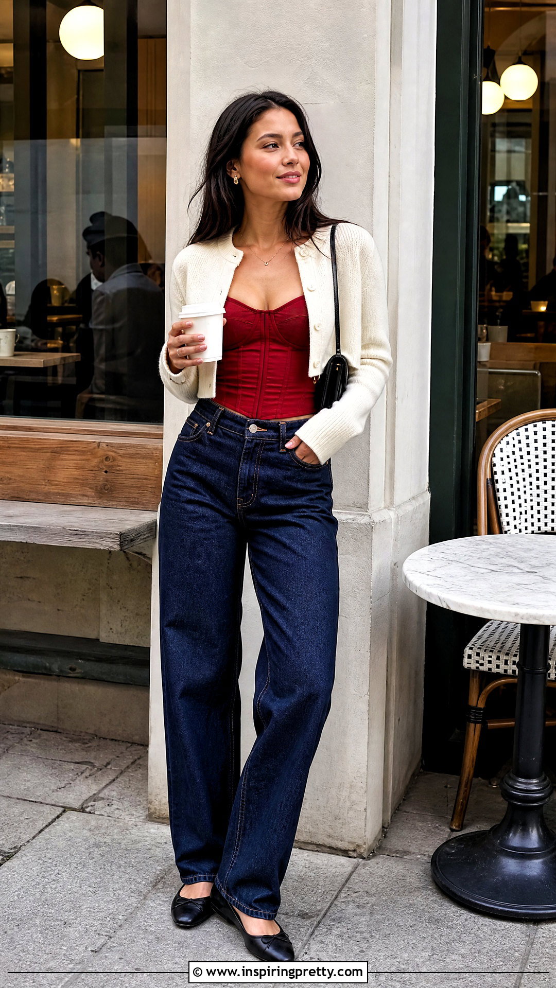 Red Corset Top With Cropped Cardigan And Jeans - 50 red corset top outfit ideas