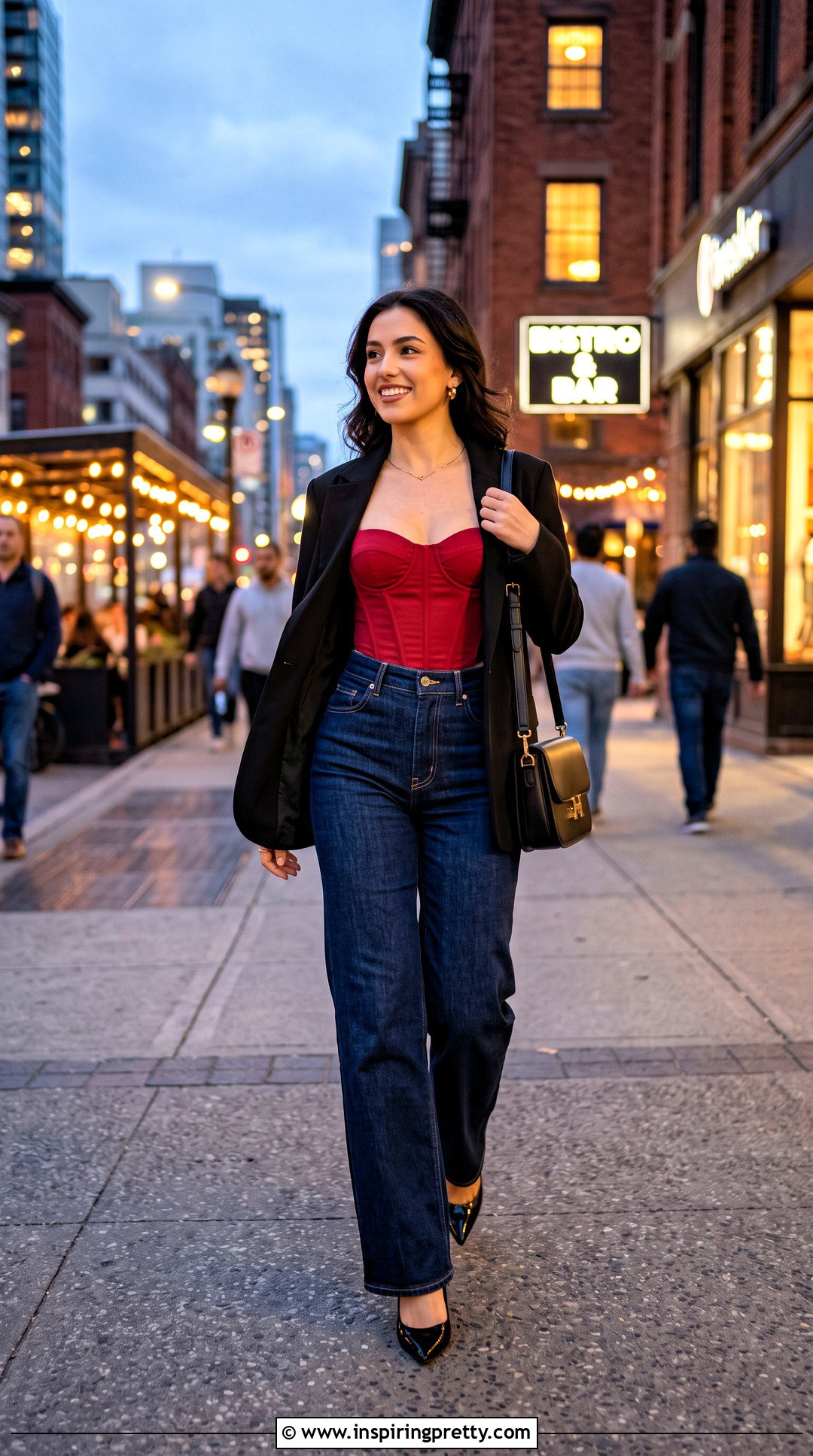 Red Corset Top With Dark Wash Jeans - 20 dynamite corset top outfit ideas