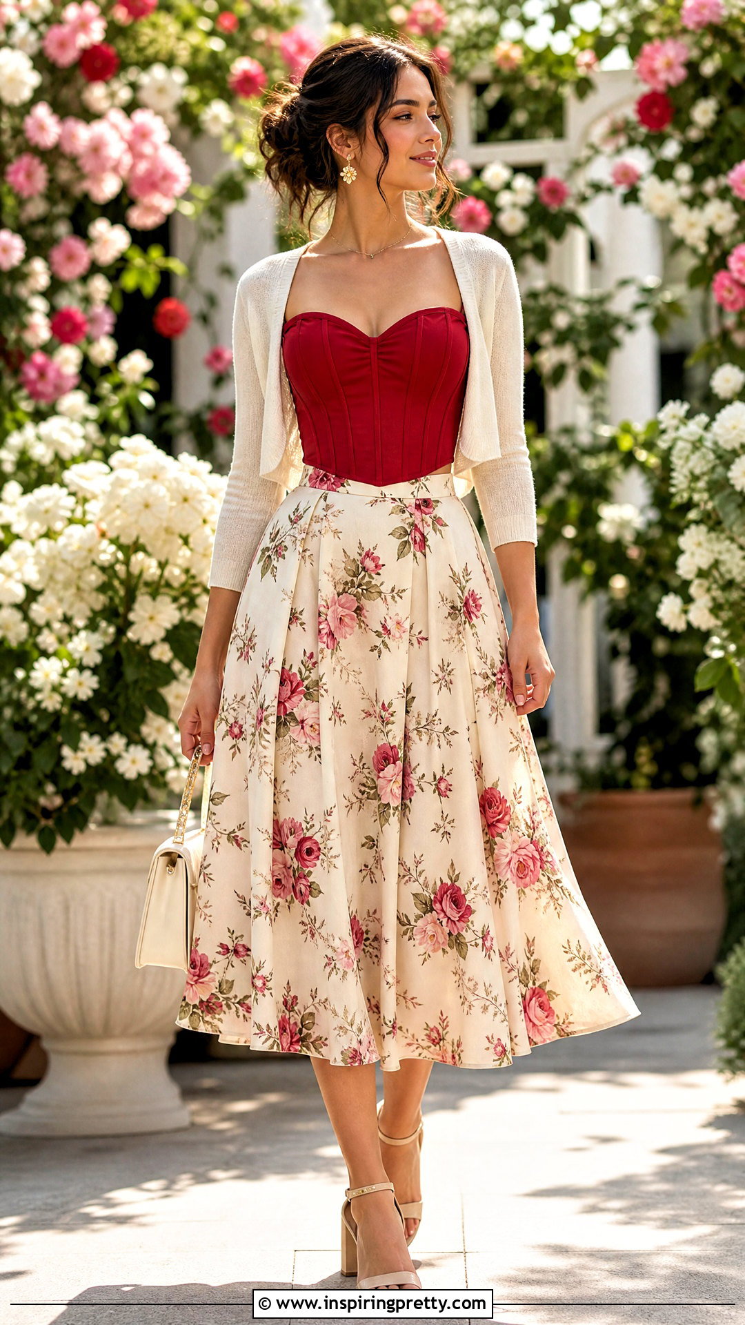 Red Corset Top With Floral Midi Skirt - 50 red corset top outfit ideas