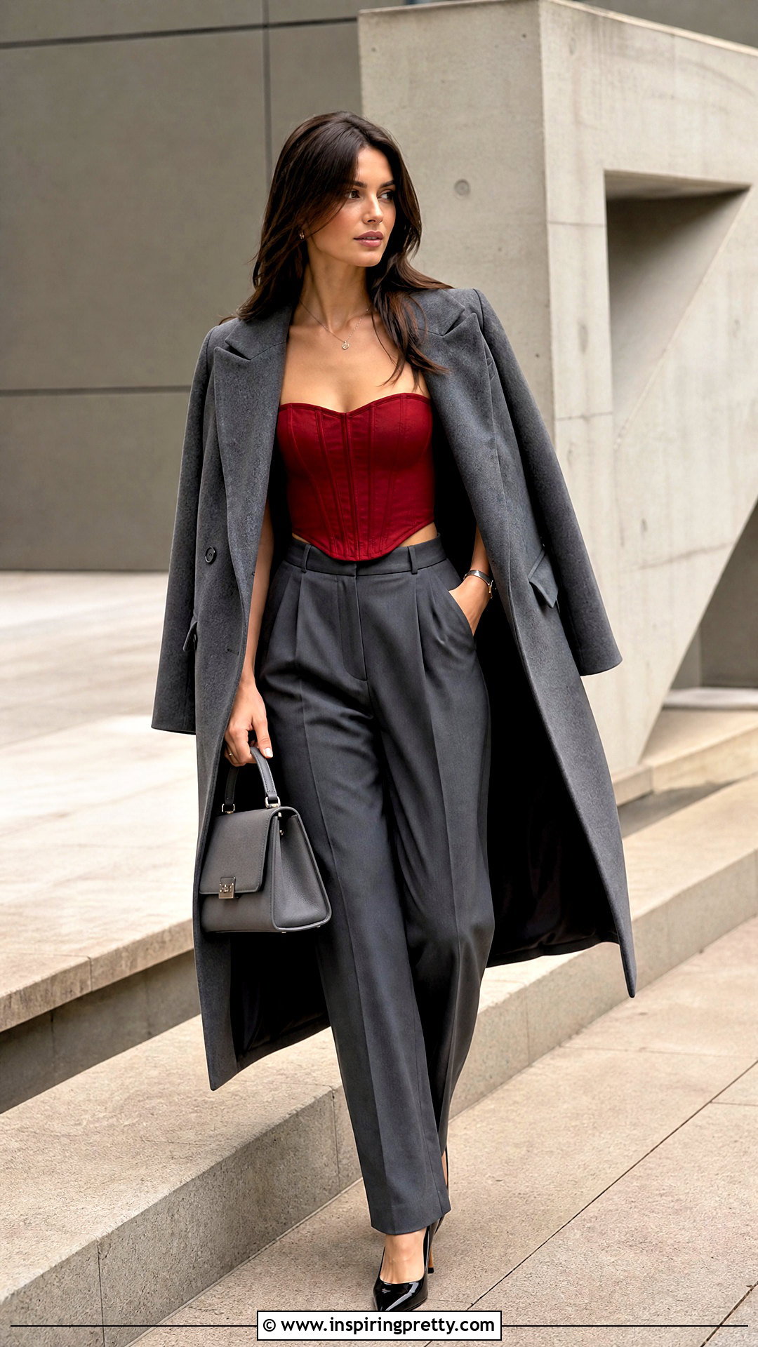 Red Corset Top With Gray Pleated Trousers - 50 red corset top outfit ideas