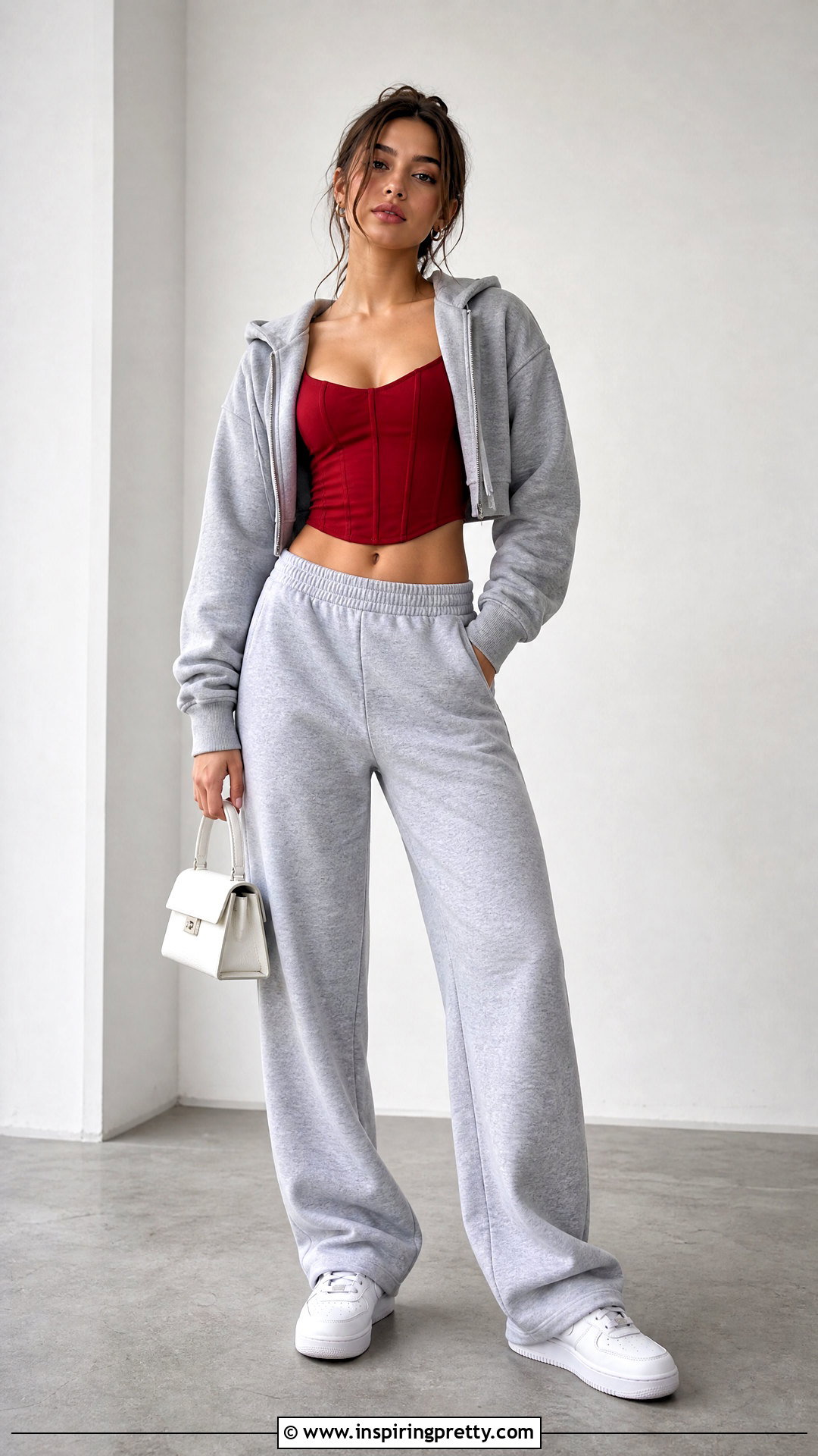 Red Corset Top With Gray Sweatpants - 50 red corset top outfit ideas