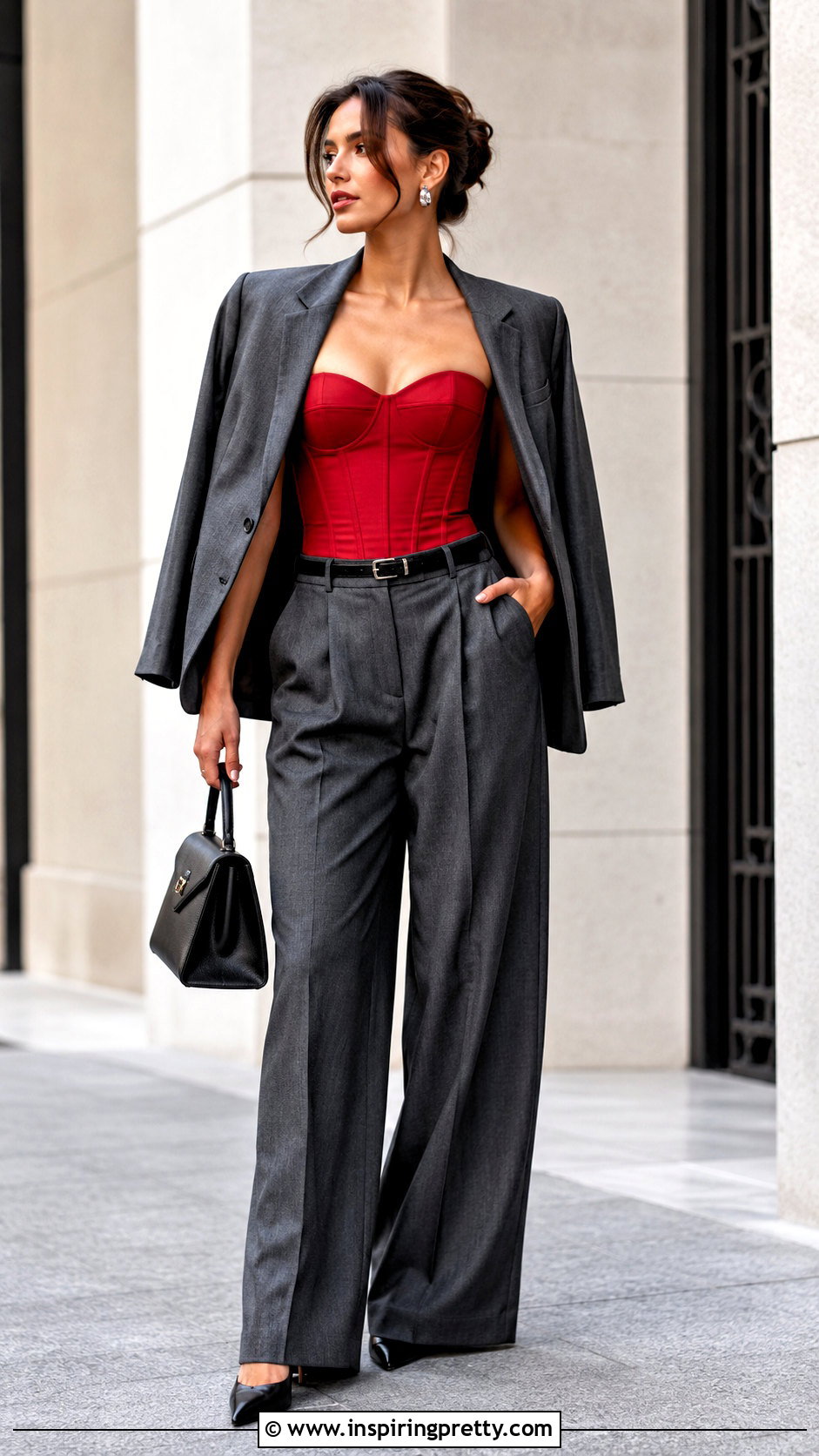Red Corset Top With Gray Wide Leg Trousers - 25 Red Corset Top Shein outfit ideas