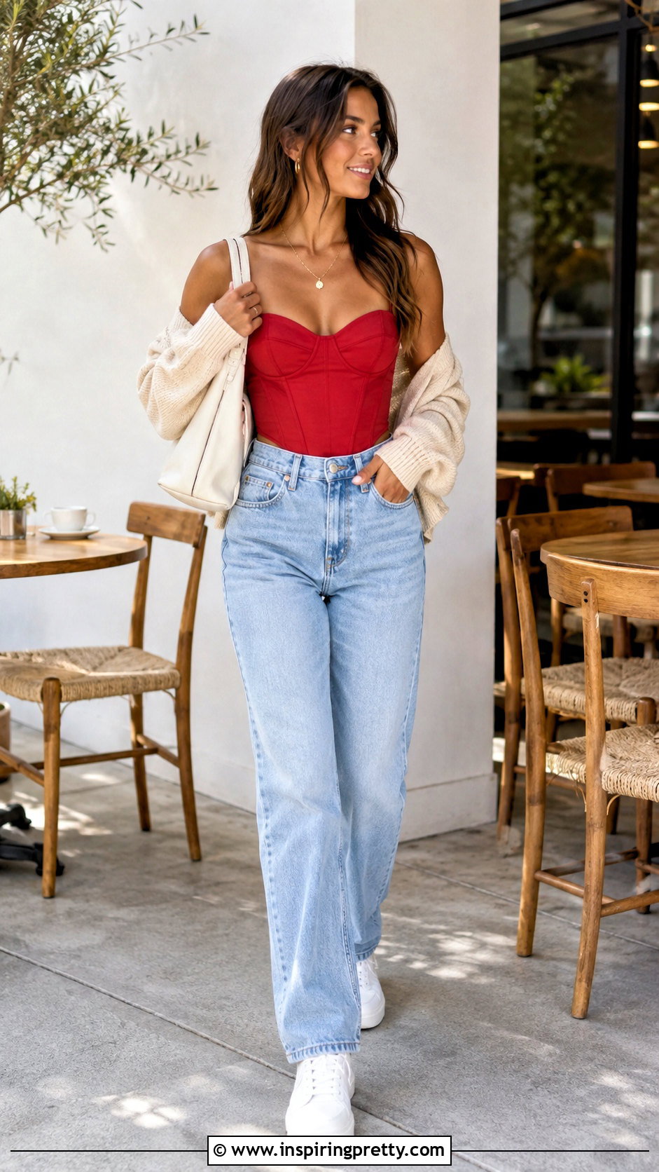 Red Corset Top With Light Wash Straight Jeans - 25 Red Corset Top Shein outfit ideas