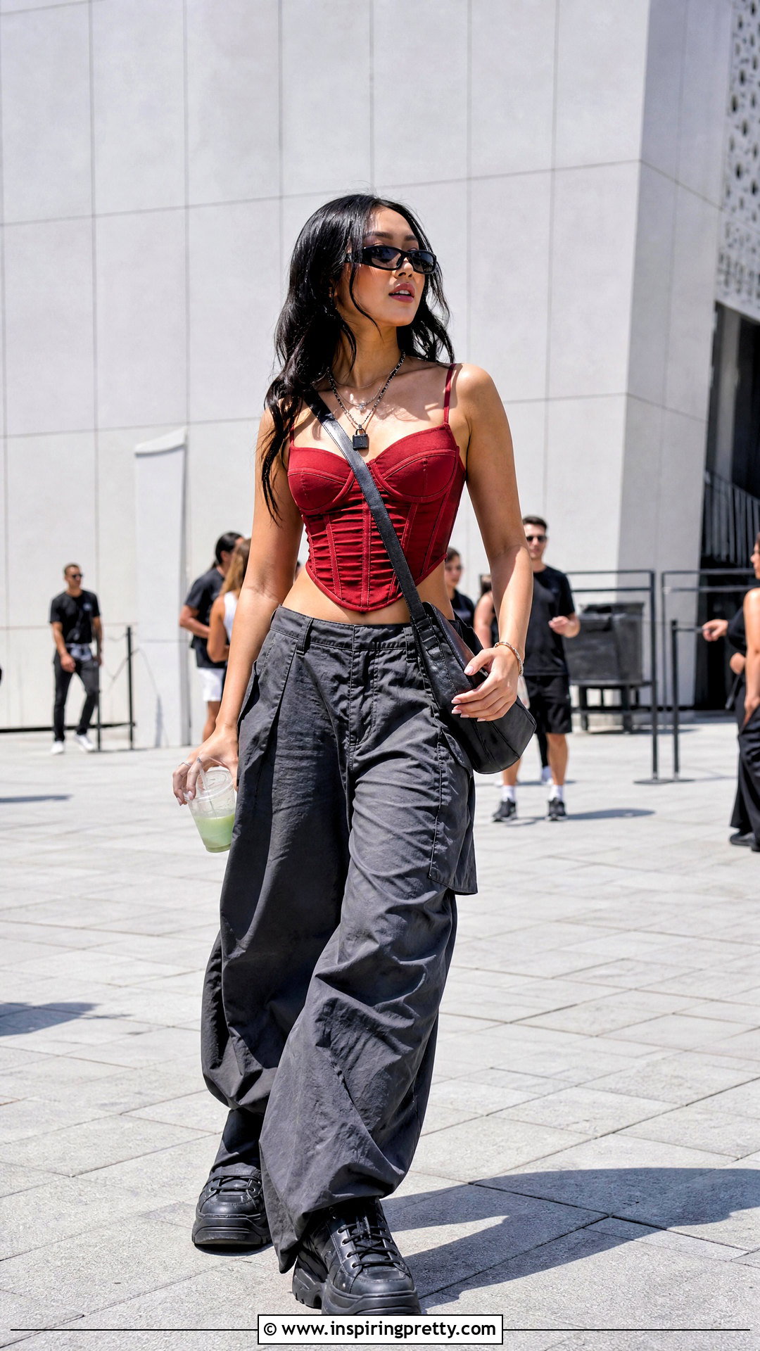 Red Corset Top With Parachute Pants And Platform Shoes - What To Wear With A Red Corset Top (25 Ways)
