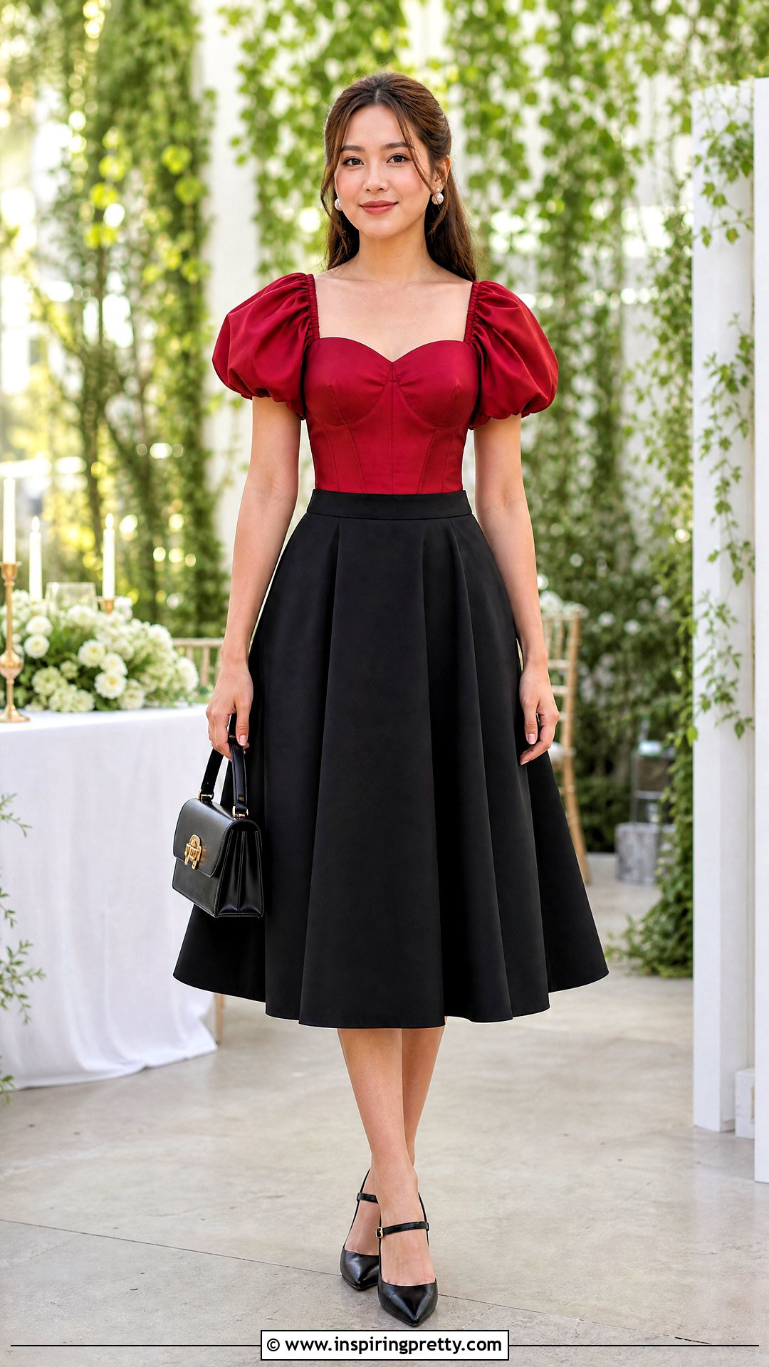 Red Corset Top With Puff Sleeves And A Line Skirt - 25 Red Corset Top With Sleeves