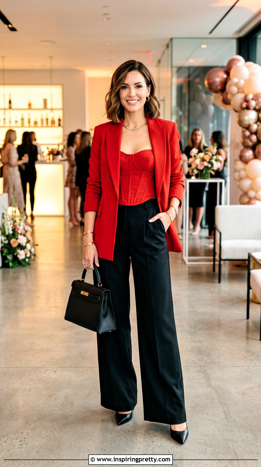 Red Corset Top With Red Blazer And Black Pants - 50 red corset top outfit ideas
