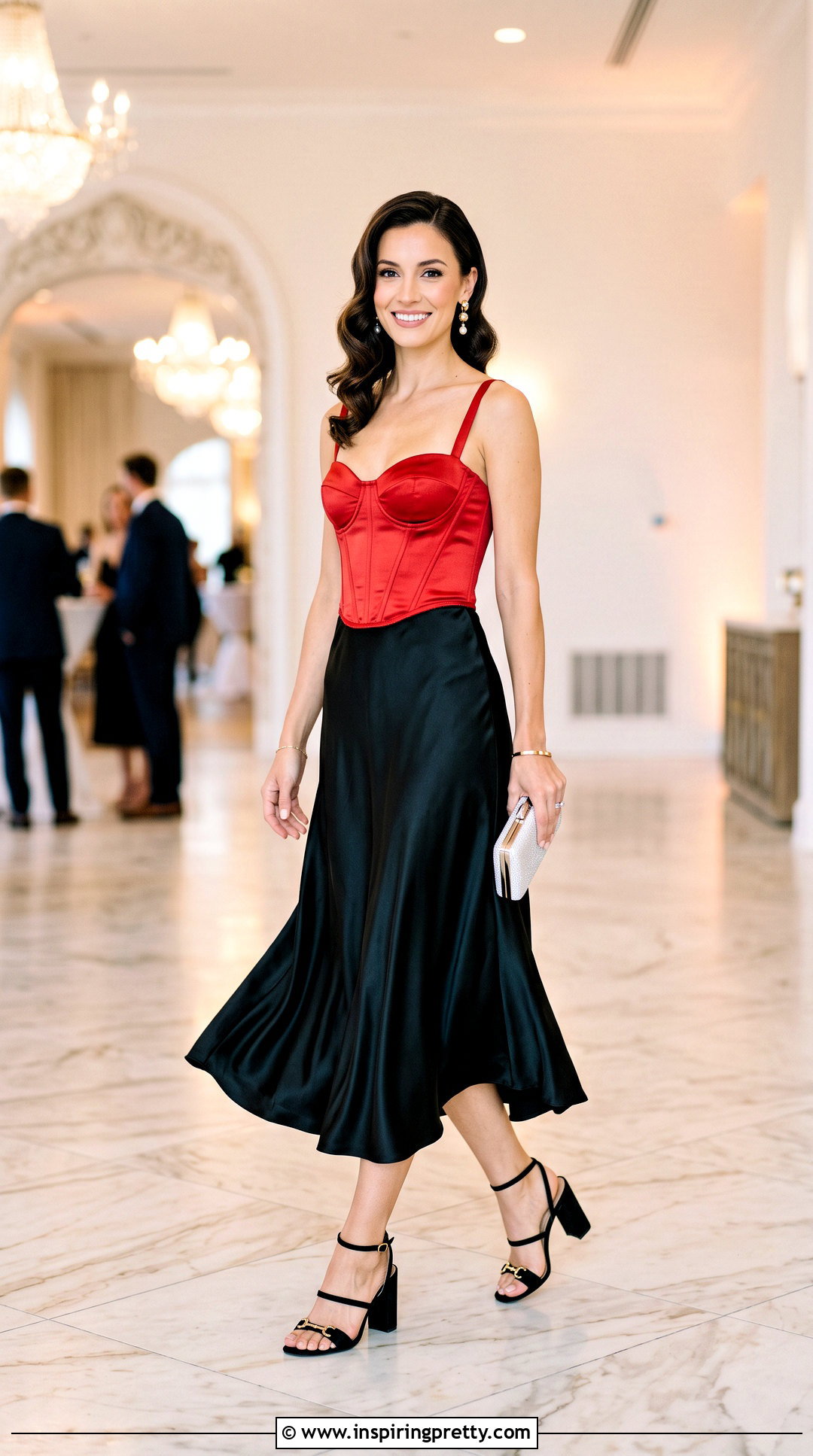 Red Corset Top With Satin Midi Skirt - 50 red corset top outfit ideas