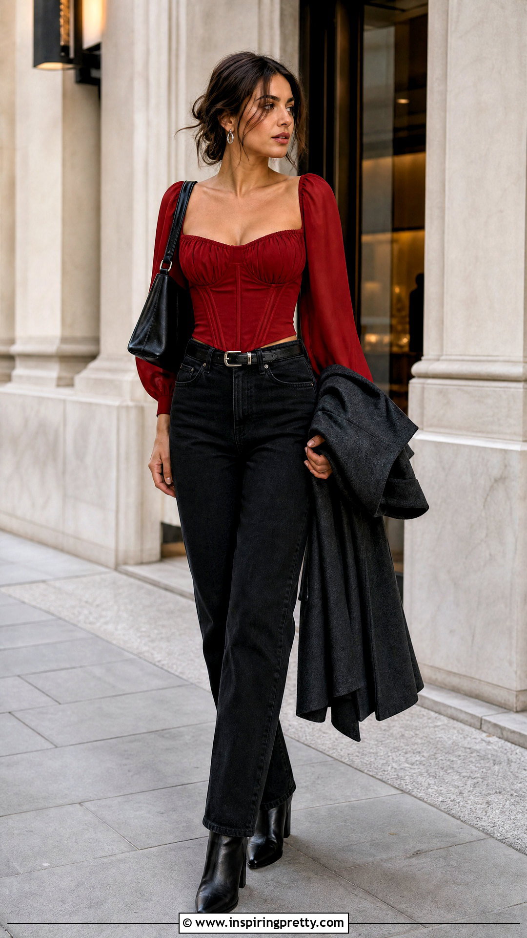 Red Corset Top With Sleeves And Black Jeans - 25 Red Corset Top With Sleeves