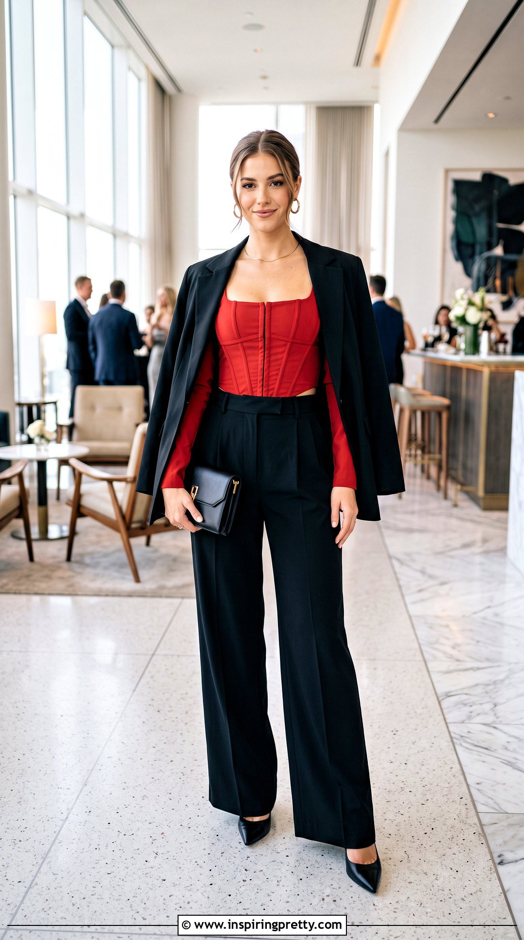 Red Corset Top With Sleeves And Black Suit - 25 Red Corset Top With Sleeves