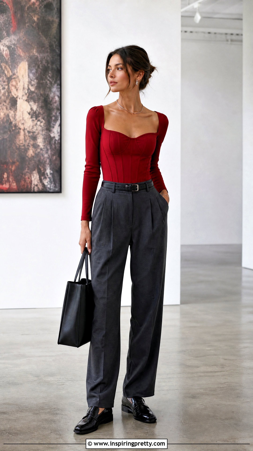 Red Corset Top With Sleeves And Gray Trousers - 25 Red Corset Top With Sleeves