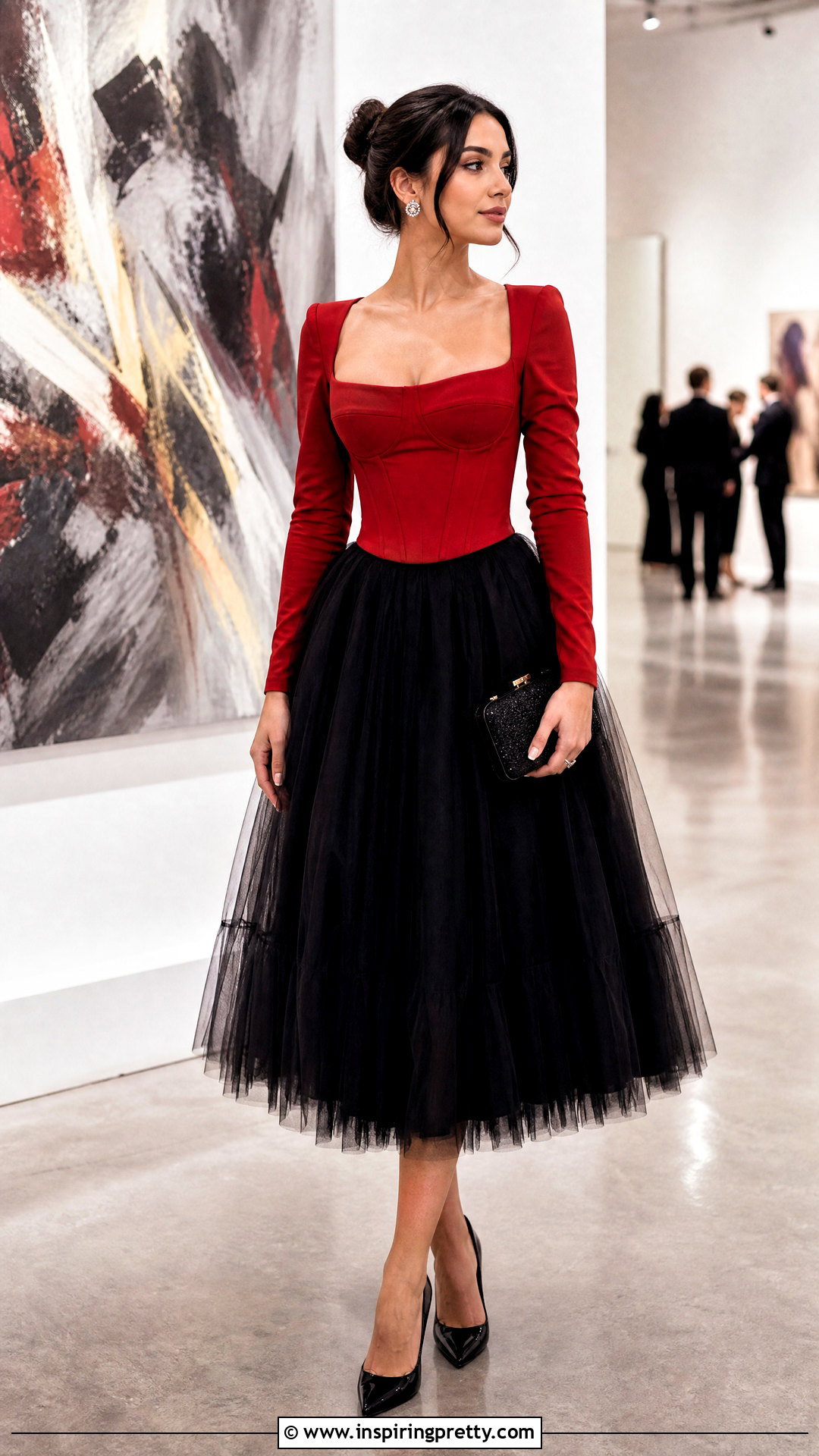 Red Corset Top With Sleeves And Tulle Midi Skirt - 25 Red Corset Top With Sleeves