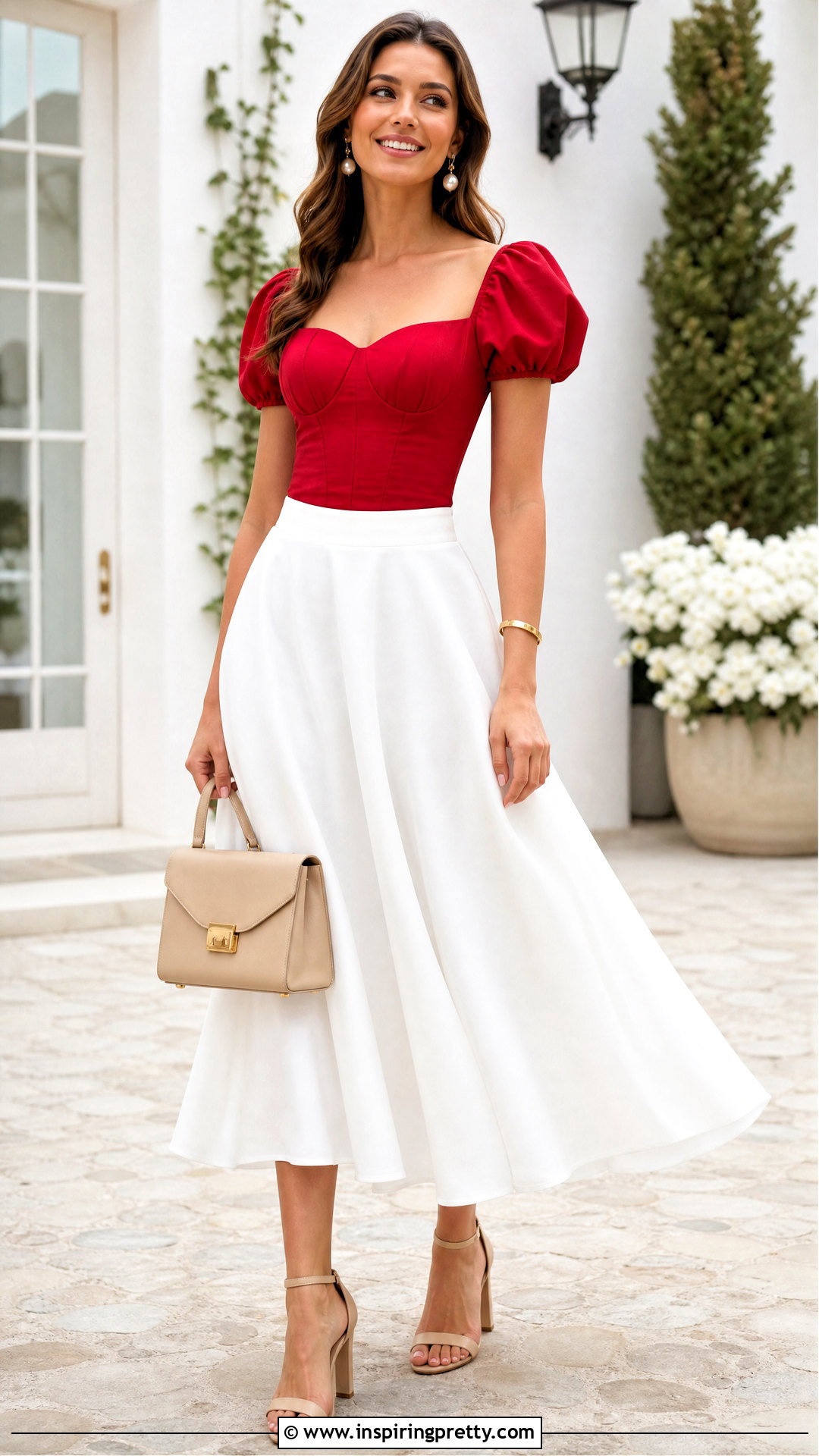 Red Corset Top With Sleeves And White Midi Skirt - 25 Red Corset Top With Sleeves