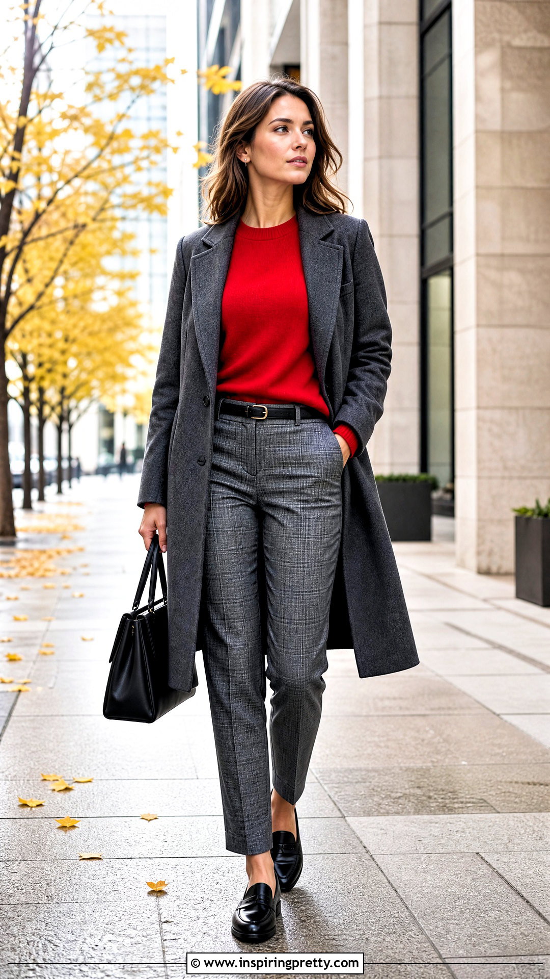 Red Crewneck Autumn Top With Plaid Trousers - 50 autumn tops outfit ideas