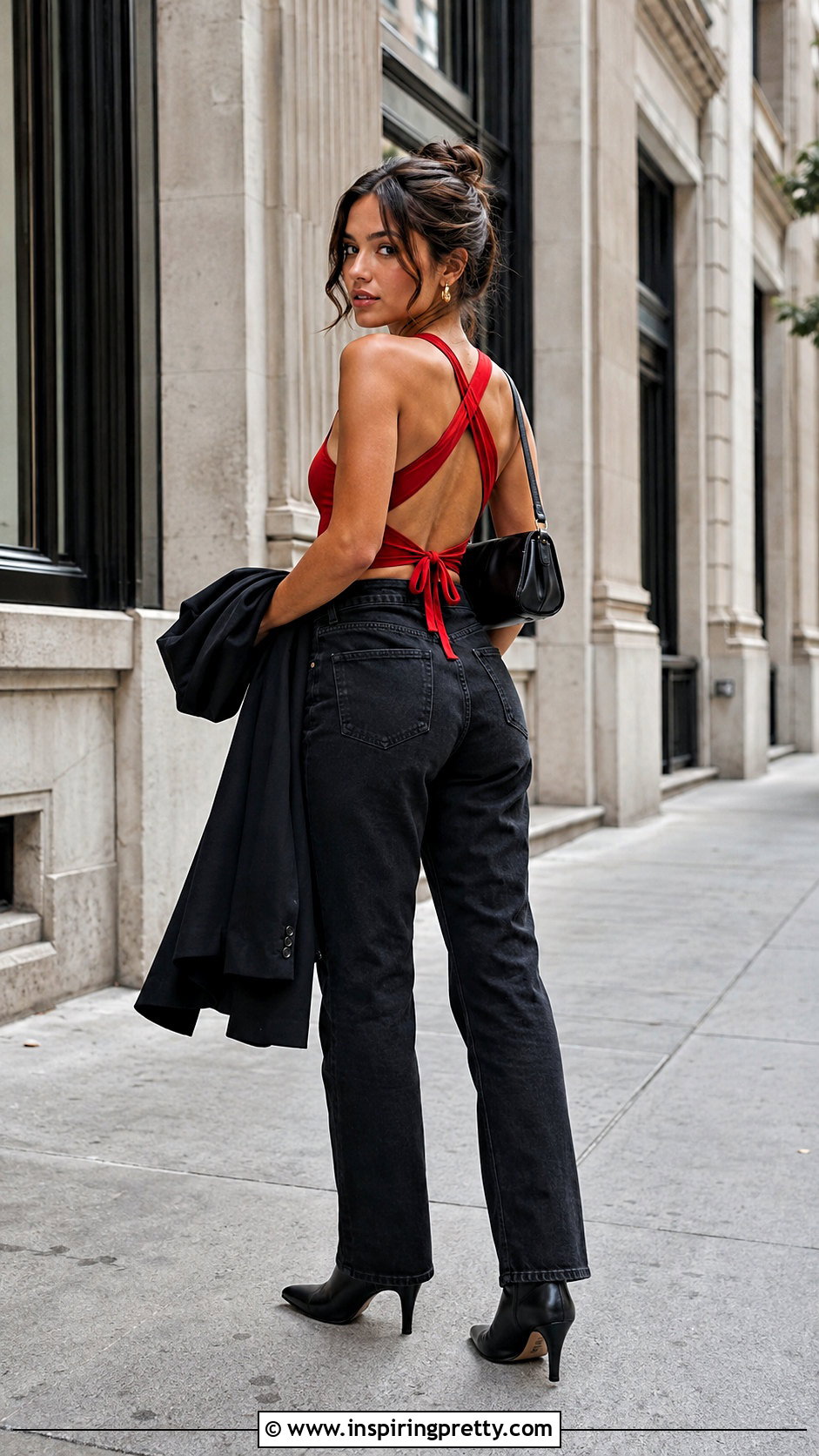 Red Criss Cross Tie Back Top With Black Jeans - 20 Criss Cross Tie Back Top outfit ideas
