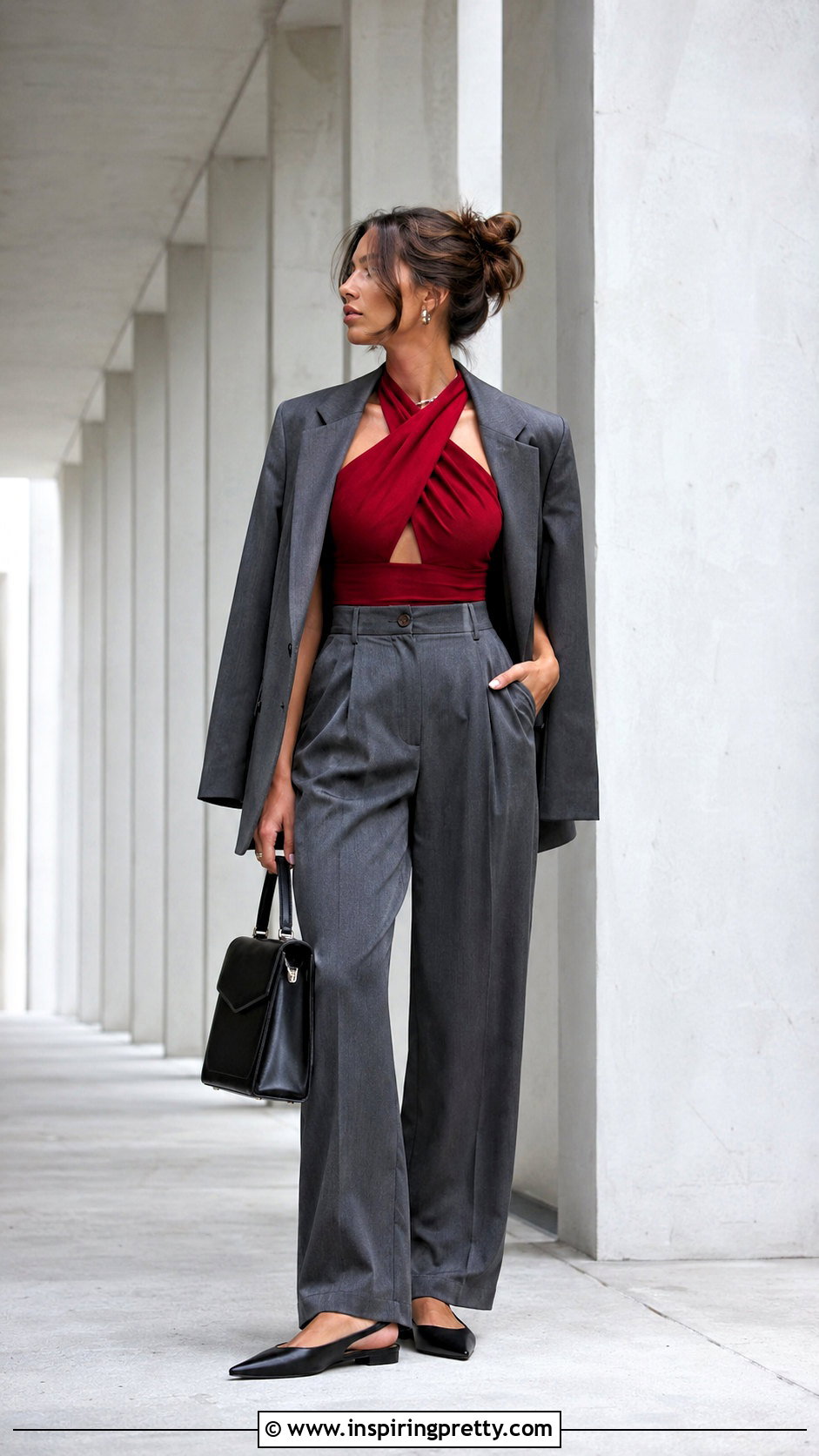 Red Criss Cross Top With Gray Trousers - 25 Red Criss Cross Top outfit ideas