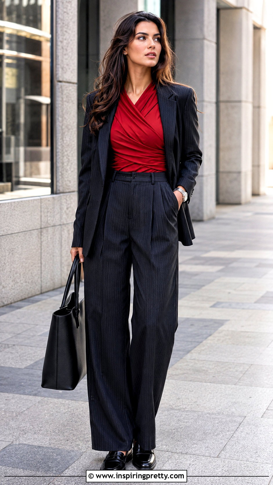 Red Criss Cross Top With Pinstripe Trousers - 25 Red Criss Cross Top outfit ideas