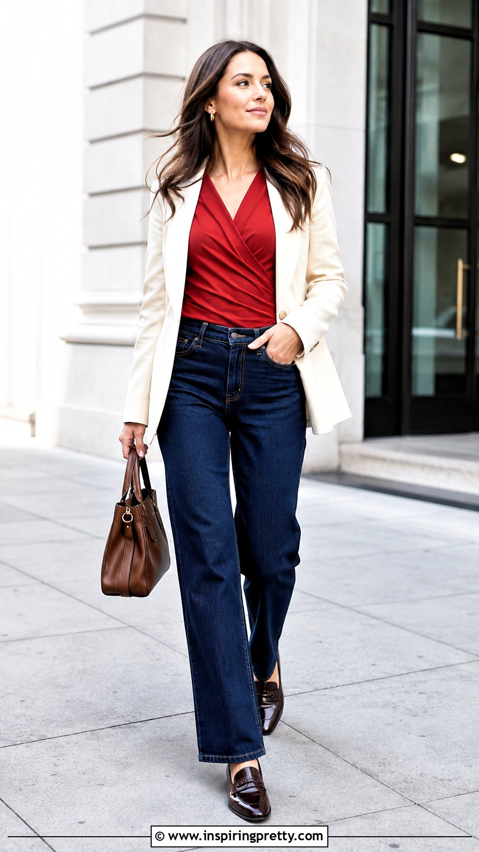 Red Criss Cross Top With Straight Leg Jeans And Blazer - 25 Red Criss Cross Top outfit ideas