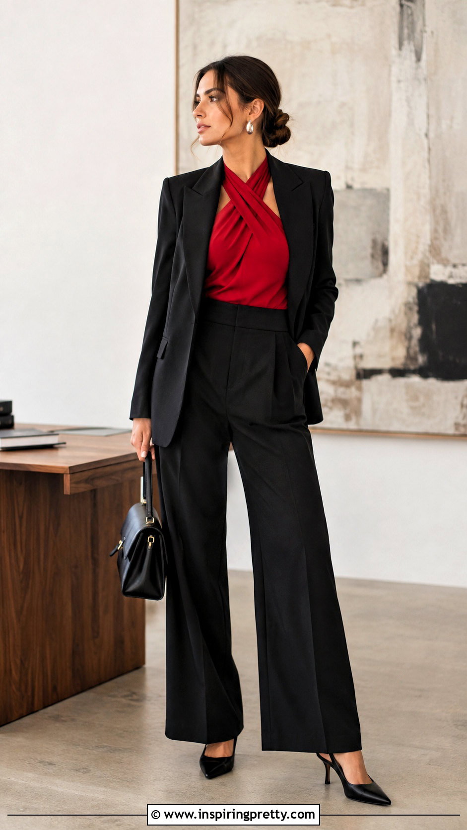 Red Criss Cross Top With Tailored Black Trousers - 25 Red Criss Cross Top outfit ideas