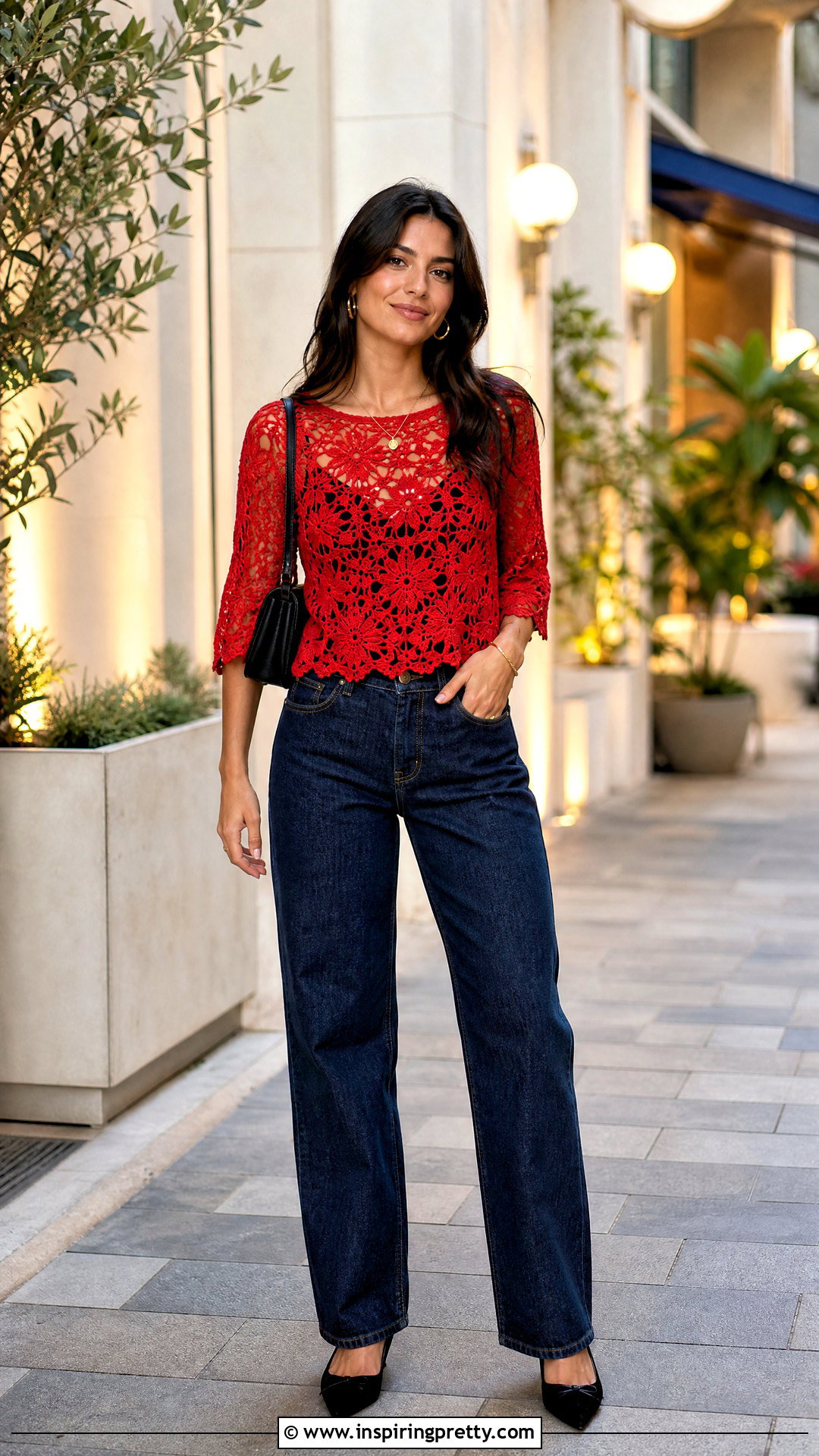 Red Crochet Lace Top With Dark Wash Jeans - 50 crochet lace top outfit ideas