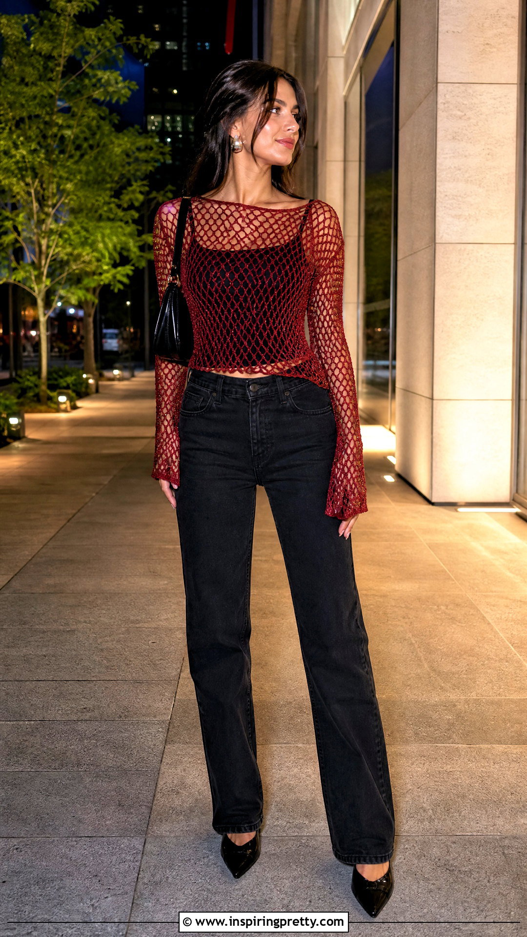 Red Crochet Mesh Top With Black Jeans - 50 crochet mesh top outfit ideas