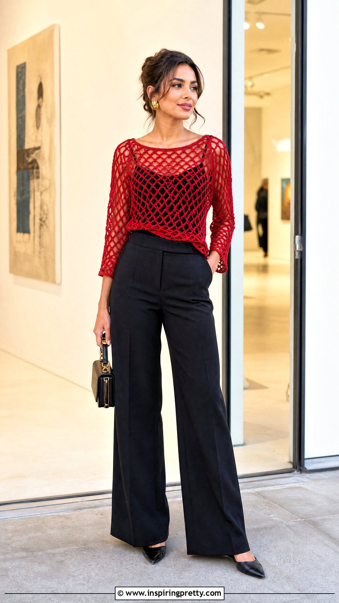Red Crochet Net Top With Black Pants - 50 crochet net top outfit ideas