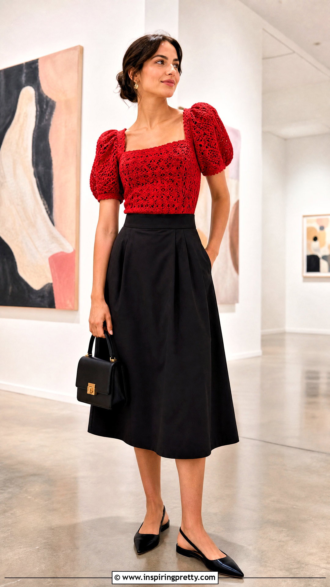 Red Crochet Puffy Sleeve Top With Black Midi Skirt - 20 puffy sleeve top tutorial crochet outfit ideas