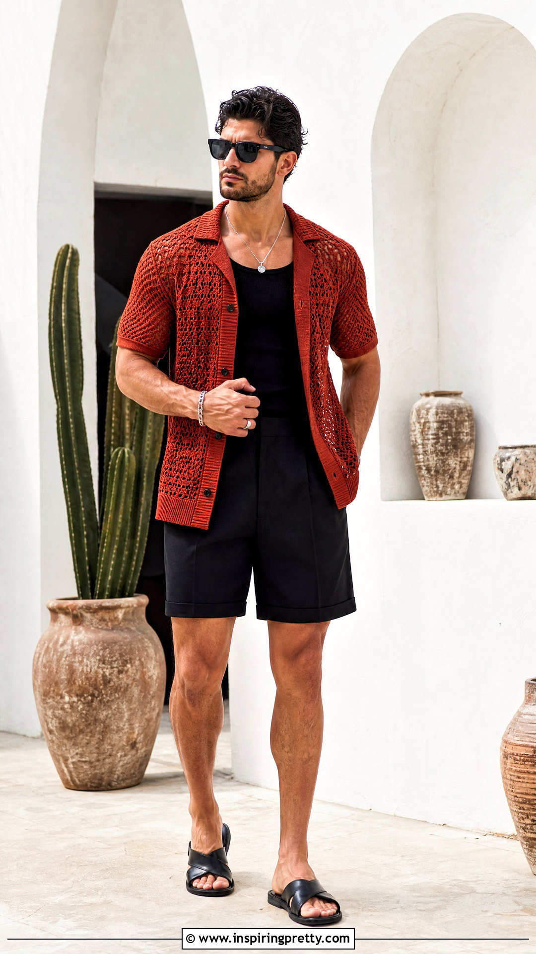 Red Crochet Shirt With Black Shorts - 20 crochet tops for men