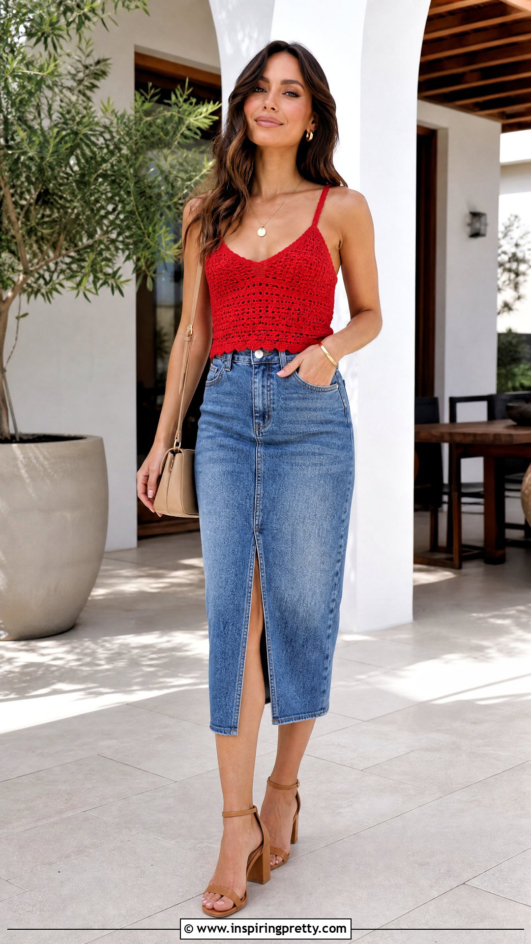 Red Crochet Tank Top With Denim Midi Skirt - 50 crochet tank top outfit ideas
