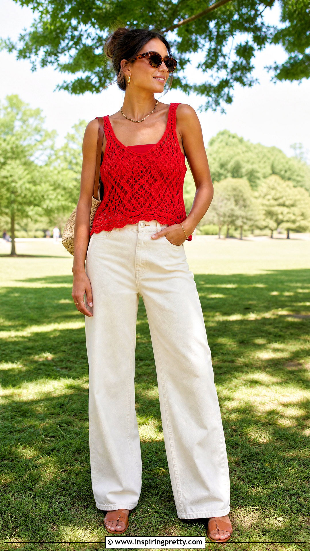 Red Crochet Tank With Ecru Jeans - 20 crochet top on grass outfit ideas
