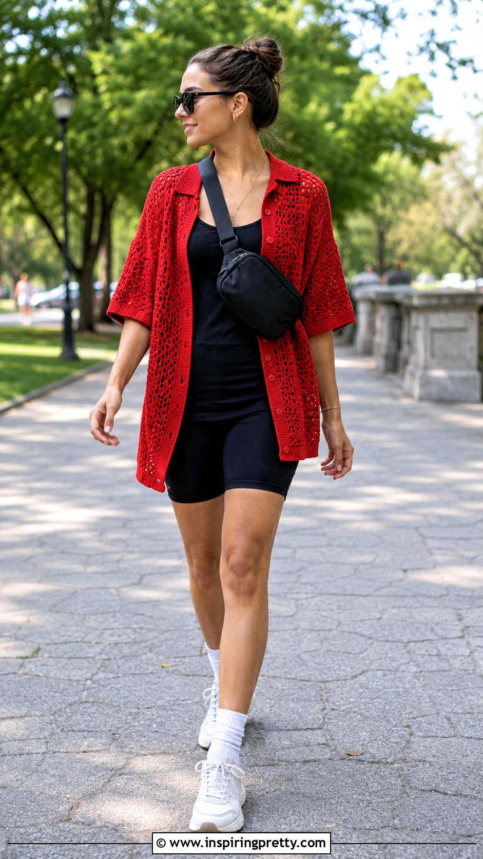 Red Crochet Top With Black Bike Shorts - 50 Red Crochet Top outfit ideas