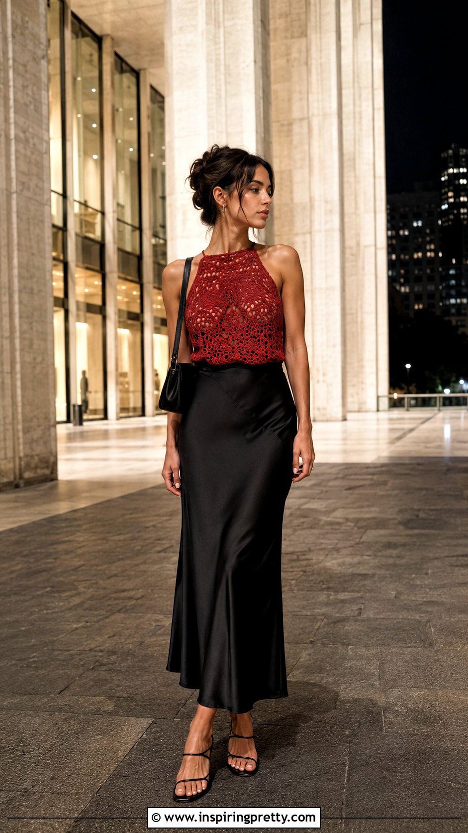 Red Crochet Top With Black Slip Skirt - 50 Red Crochet Top outfit ideas