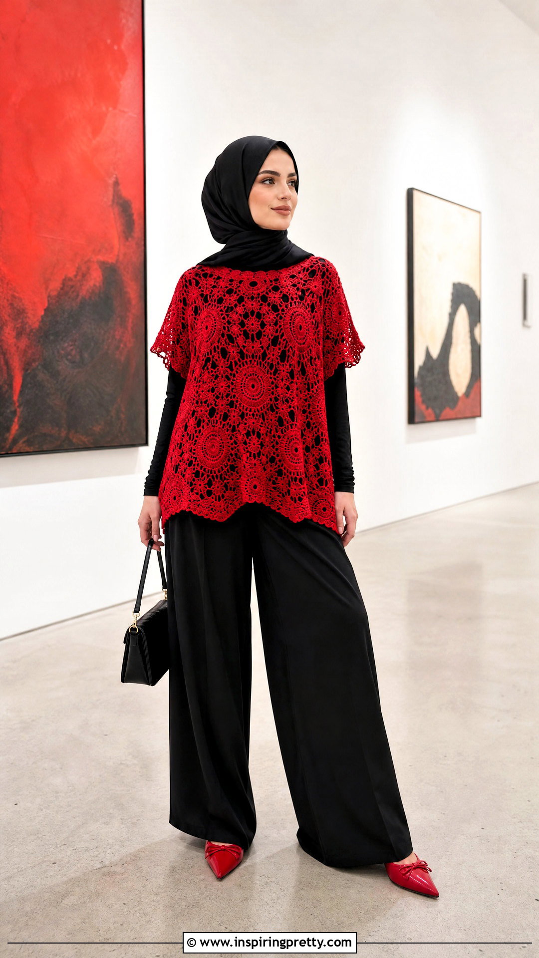 Red Crochet Top With Black Wide Leg Pants - 25 crochet top hijabi outfit ideas
