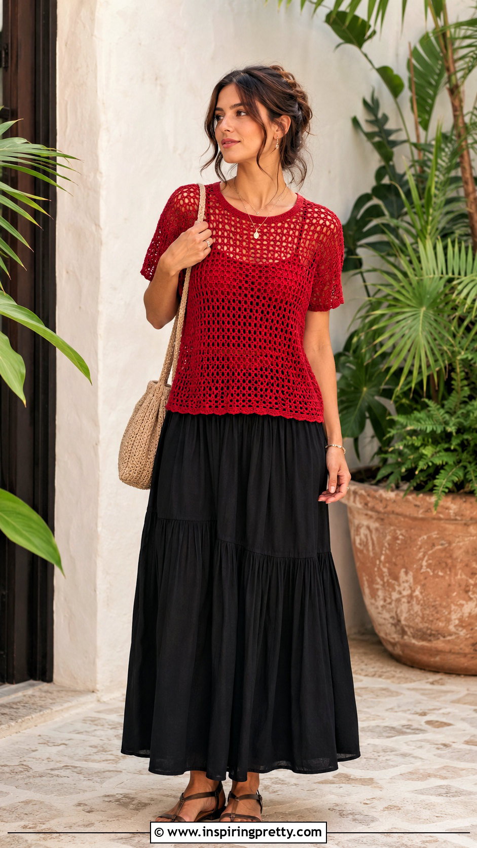 Red Crochet Top With Camisole And Maxi Skirt - 50 Red Crochet Top outfit ideas