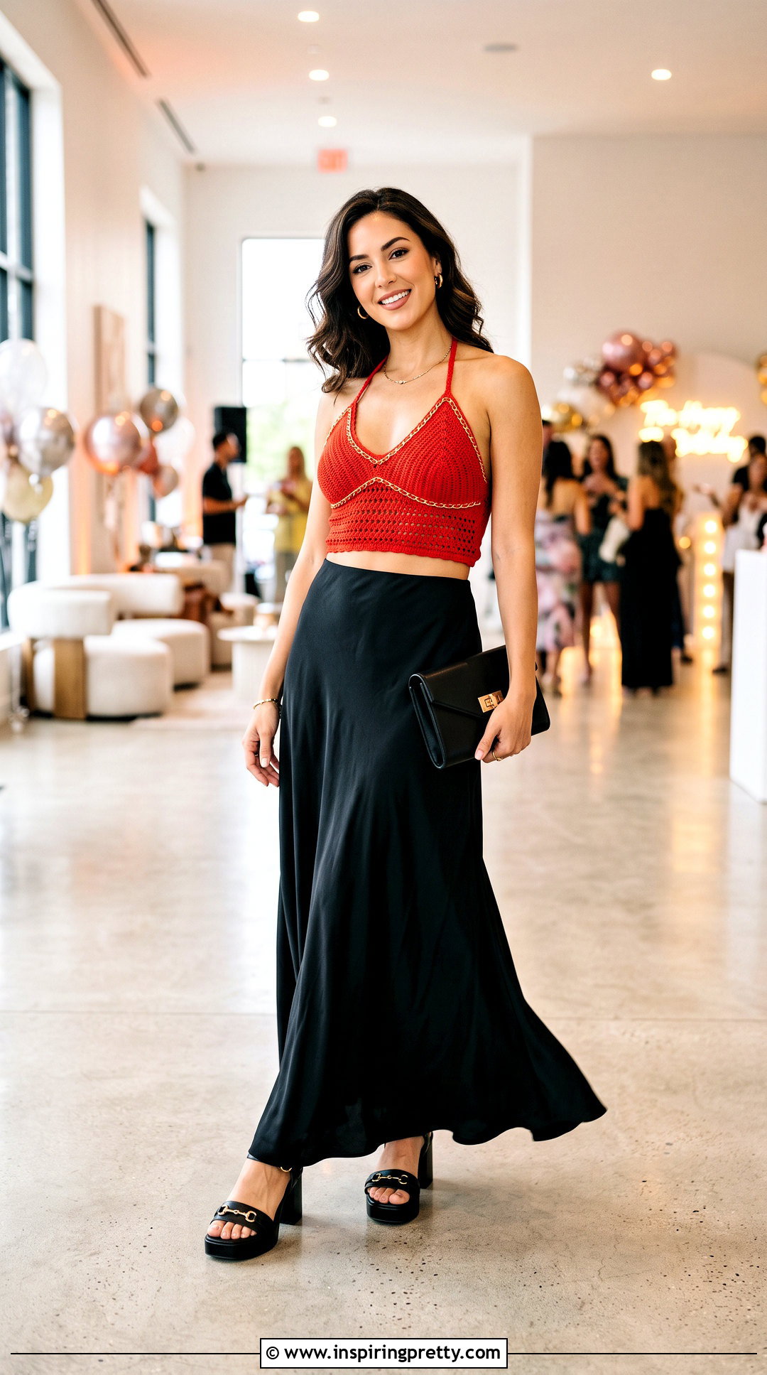 Red Crochet Top With Chain And Black Maxi Skirt - 25 Crochet Top With Chain outfit ideas