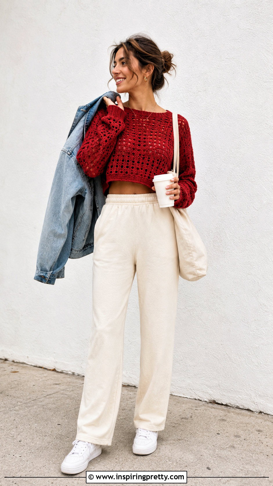 Red Crochet Top With Cream Sweatpants - 50 Red Crochet Top outfit ideas