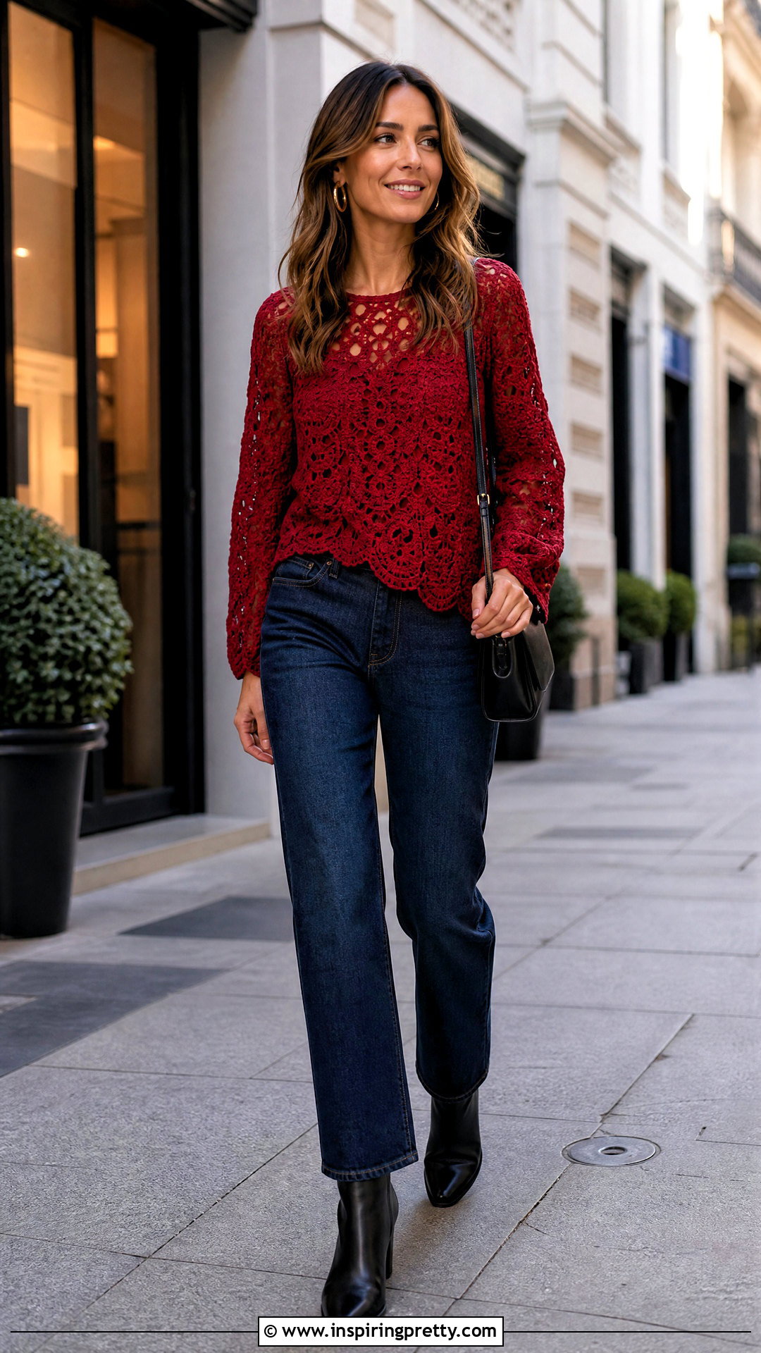 Red Crochet Top With Dark Jeans - 50 crochet ladies tops outfit ideas