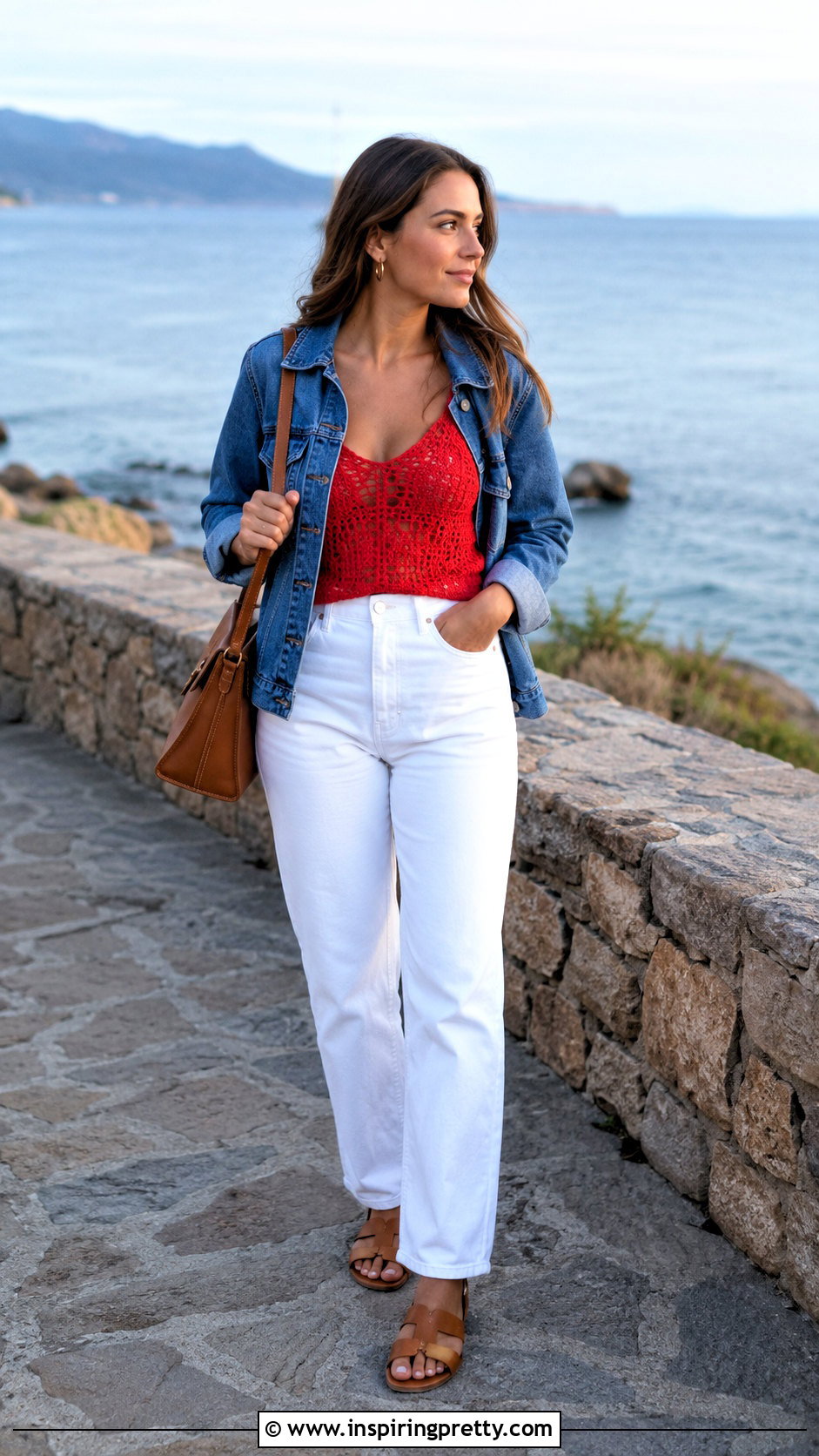 Red Crochet Top With Denim Jacket And White Pants - 50 Red Crochet Top outfit ideas