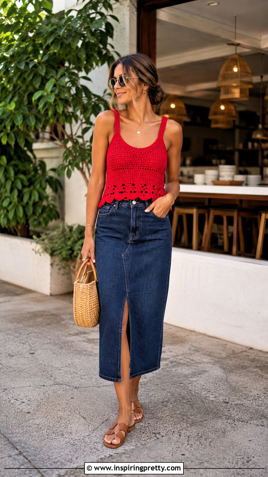 Red Crochet Top With Denim Midi Skirt - 50 summer crochet top outfit ideas